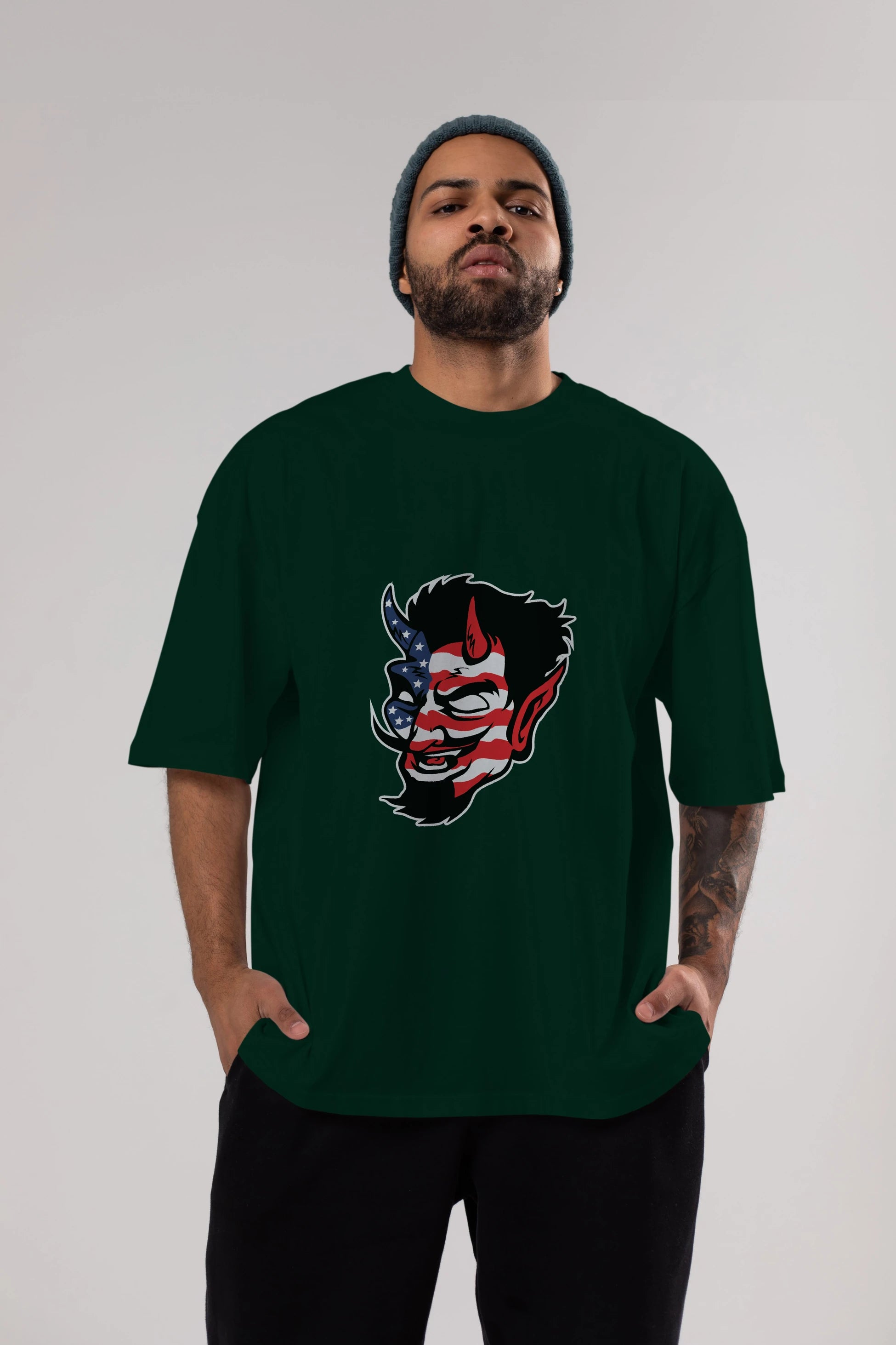 American Devil Ön Baskılı Oversize t-shirt Erkek Kadın Unisex %100 Pamuk tişort