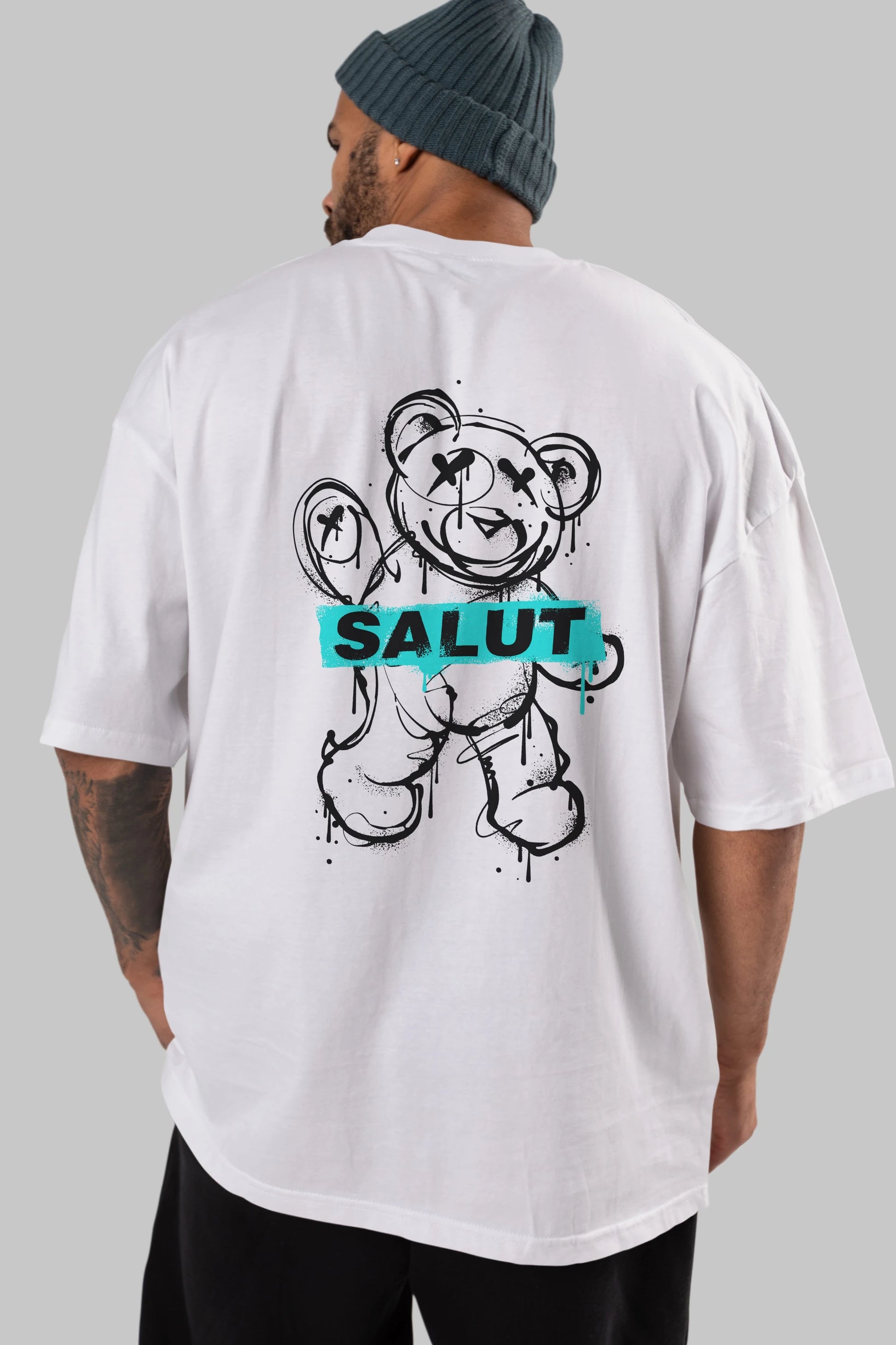 Teddy Bear Salut Arka Baskılı Oversize t-shirt Erkek Kadın Unisex