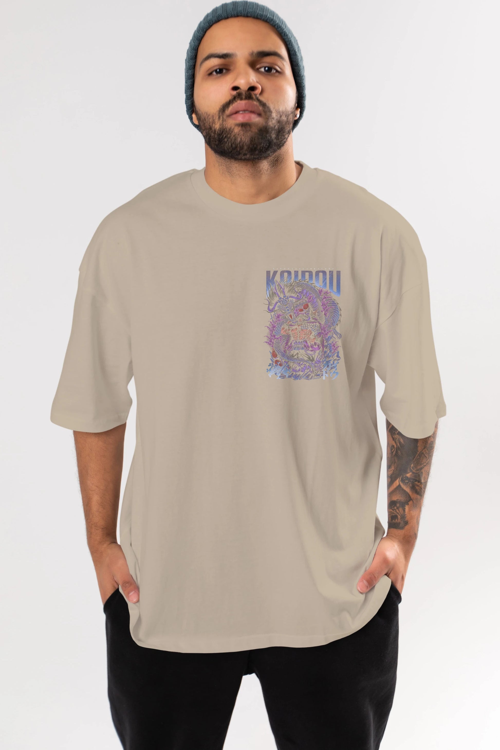 KAIDOU ONE PIECE Ön Sol Baskılı Oversize t-shirt Erkek Kadın Unisex %100 Pamuk Bisiklet Yaka tişort
