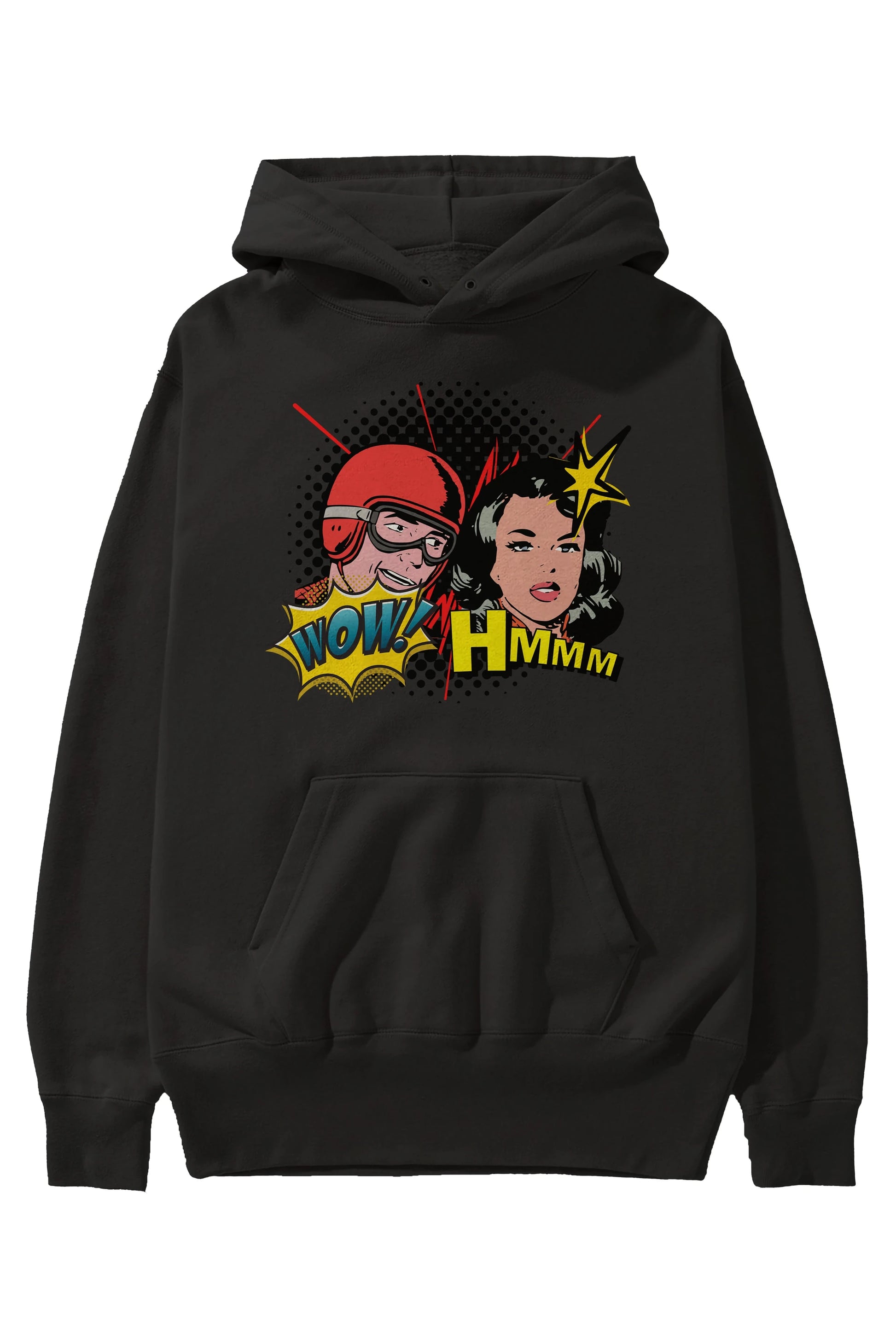 Comic Wow Yazılı Ön Baskılı Oversize Hoodie Kapüşonlu Sweatshirt Erkek Kadın Unisex