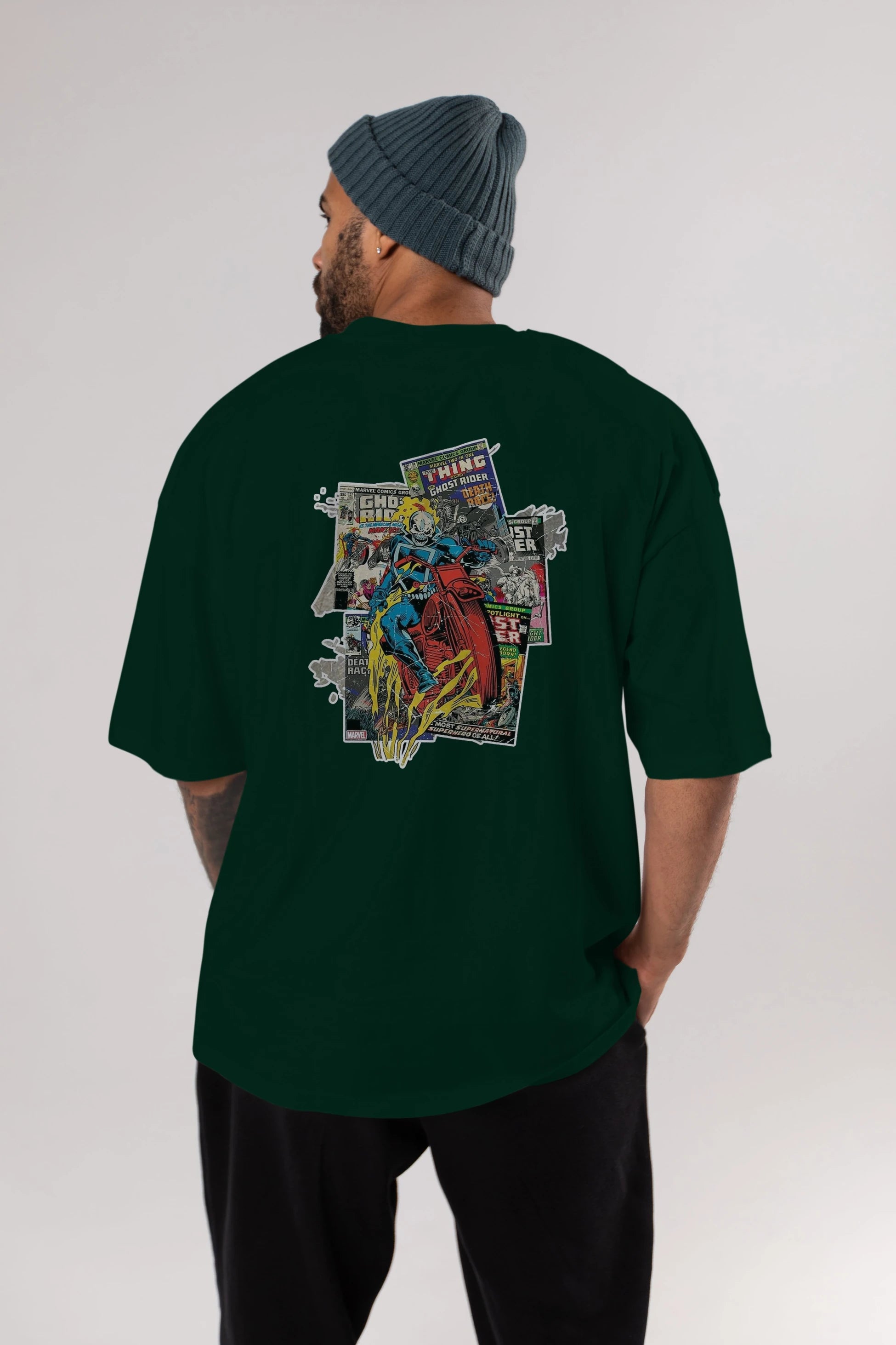 Ghost Rider Arka Baskılı Oversize t-shirt Erkek Kadın Unisex %100 Pamuk Bisiklet Yaka tişort