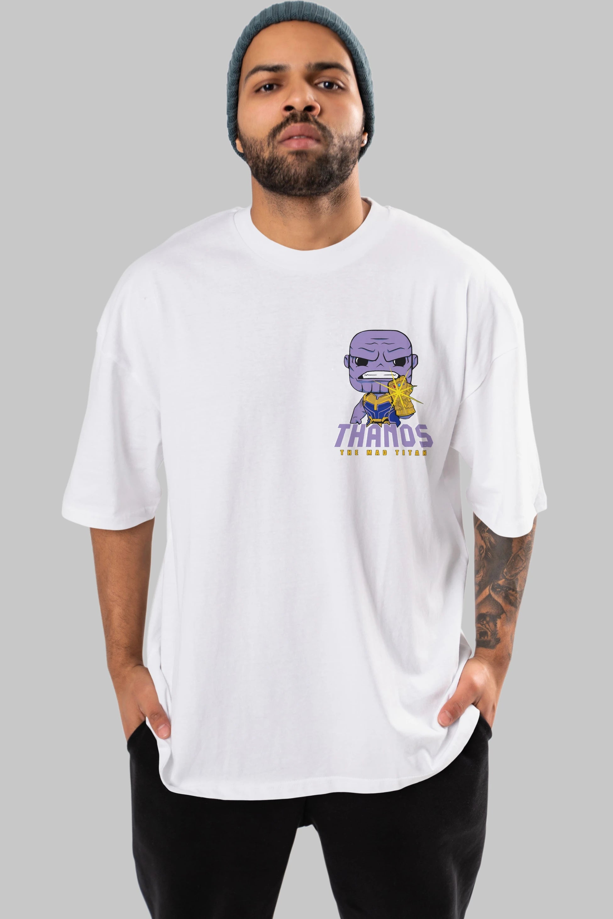 Thanos (1) Ön Sol Baskılı Oversize t-shirt Erkek Kadın Unisex %100 Pamuk Bisiklet Yaka tişort
