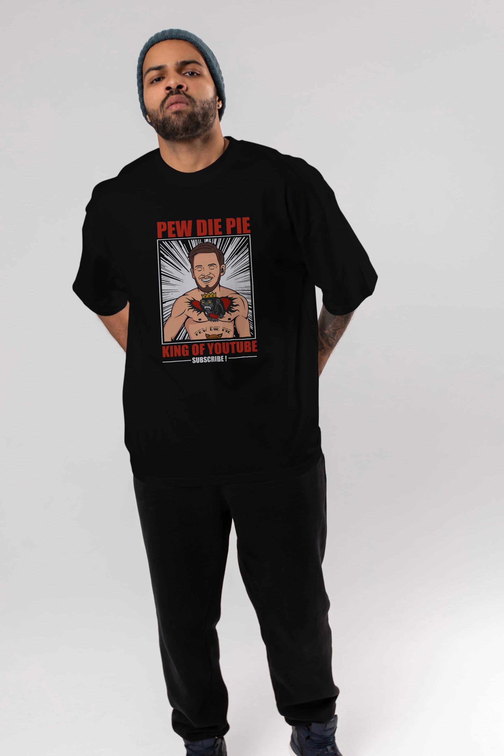 Pew Die Pie Fighter Ön Baskılı Oversize t-shirt Erkek Kadın Unisex %100 Pamuk tişort