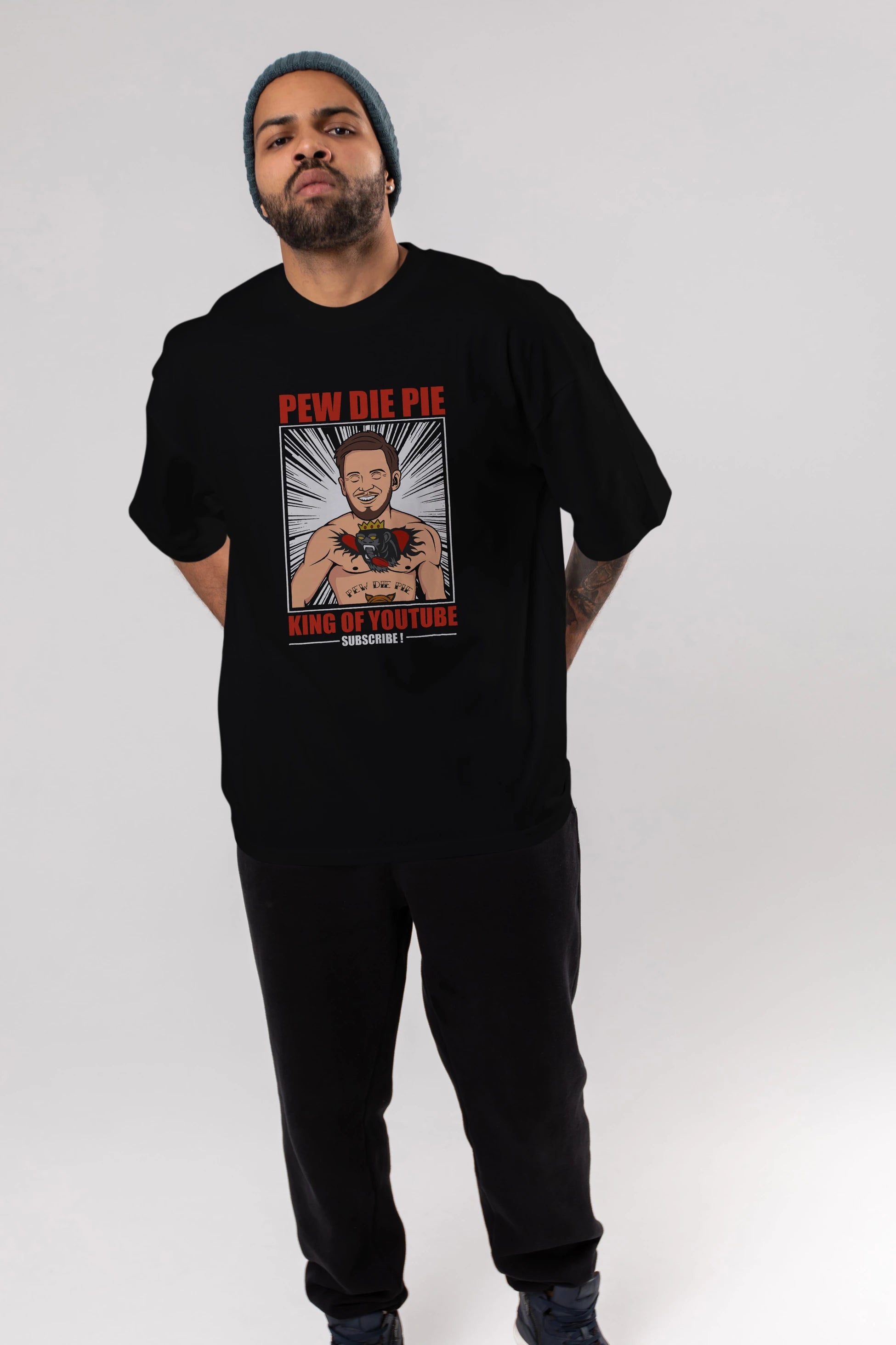 Pew Die Pie Fighter Ön Baskılı Oversize t-shirt Erkek Kadın Unisex %100 Pamuk tişort