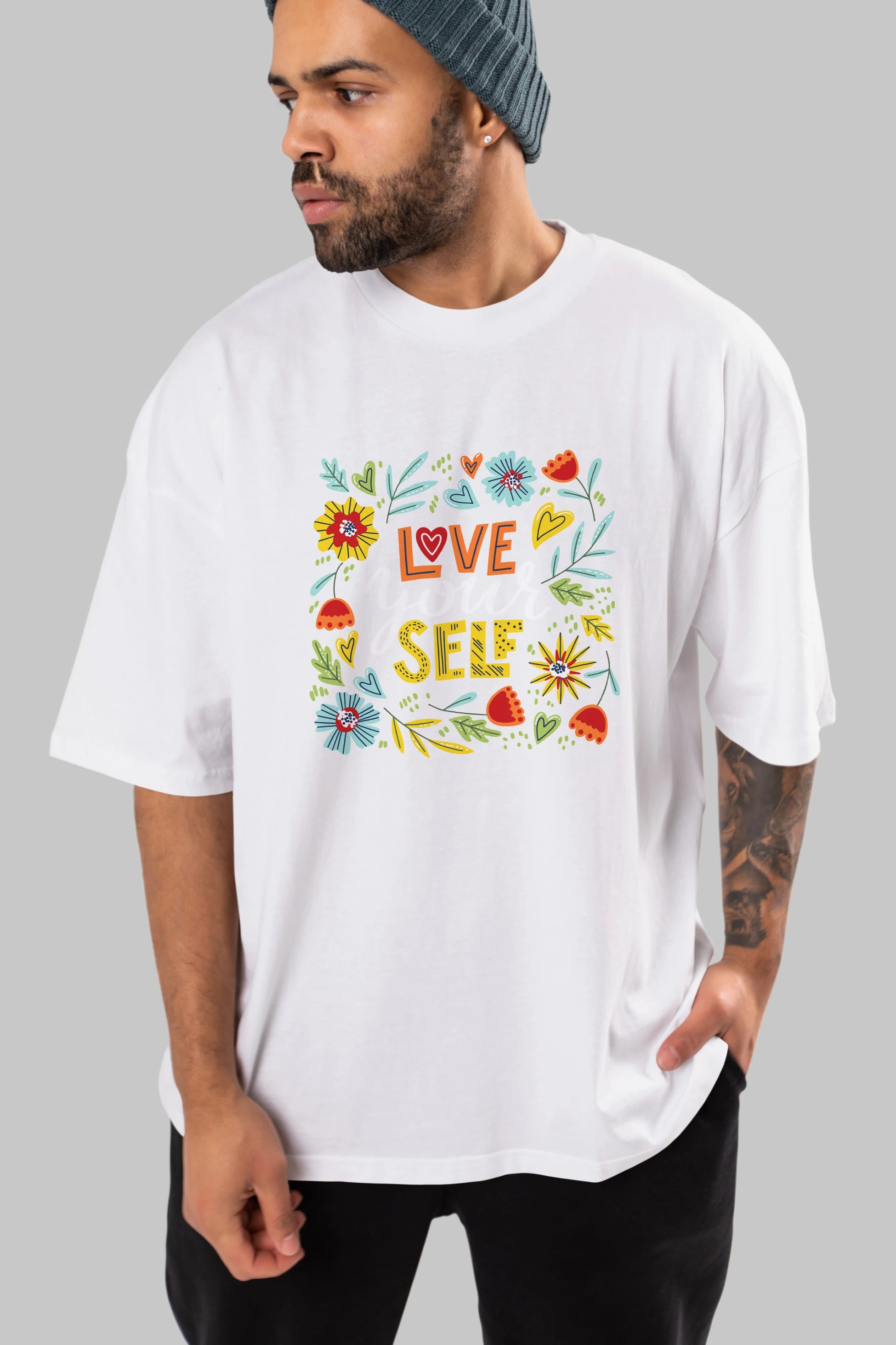 Love Yourself Yazılı Ön Baskılı Oversize t-shirt Erkek Kadın Unisex