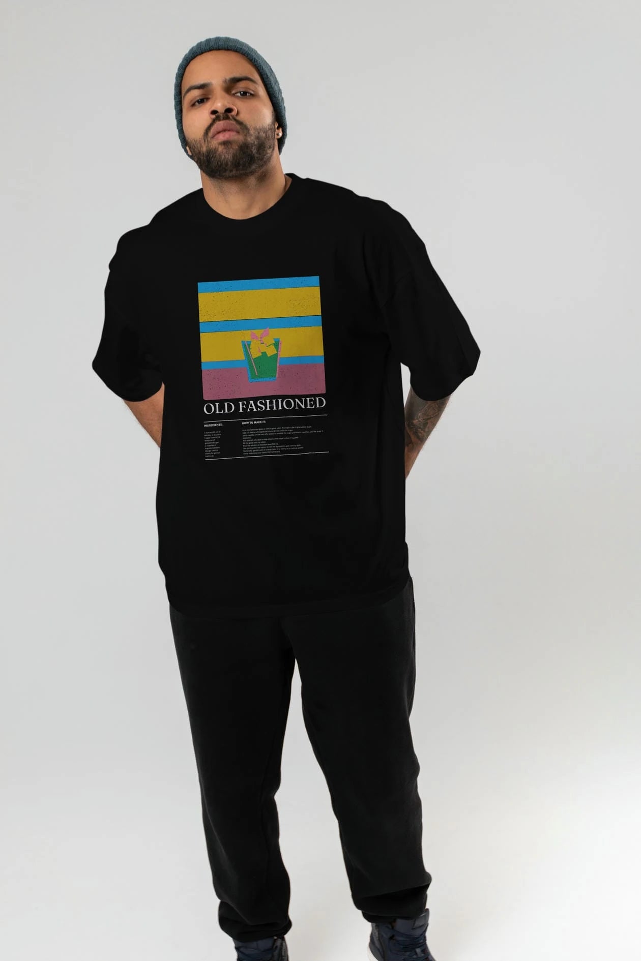 Old Fashioned Kokteyl Ön Baskılı Oversize t-shirt Erkek Kadın %100 Pamuk Bisiklet Yaka tişort