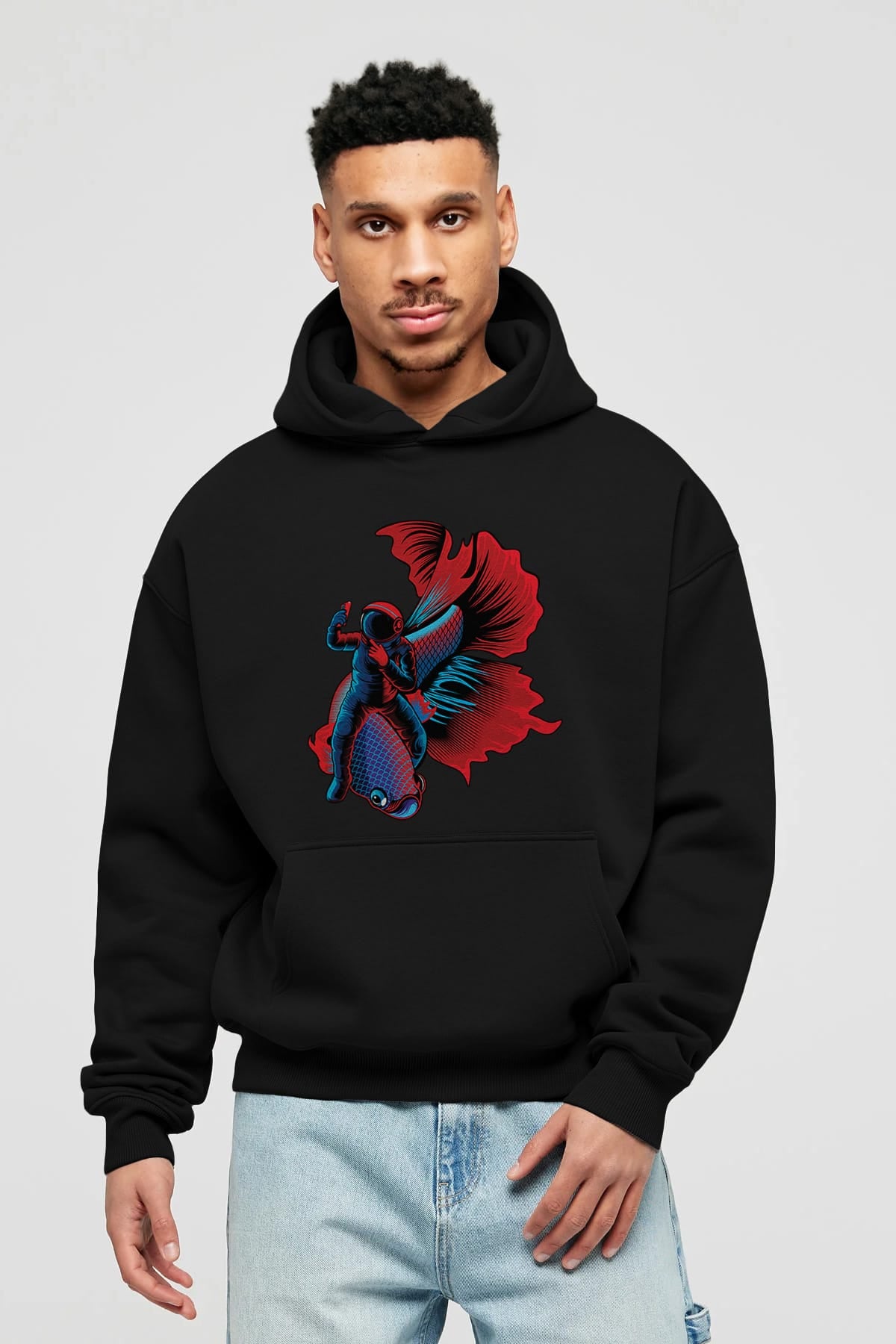 Astrofish selfie Ön Baskılı Hoodie Oversize Kapüşonlu Sweatshirt Erkek Kadın Unisex