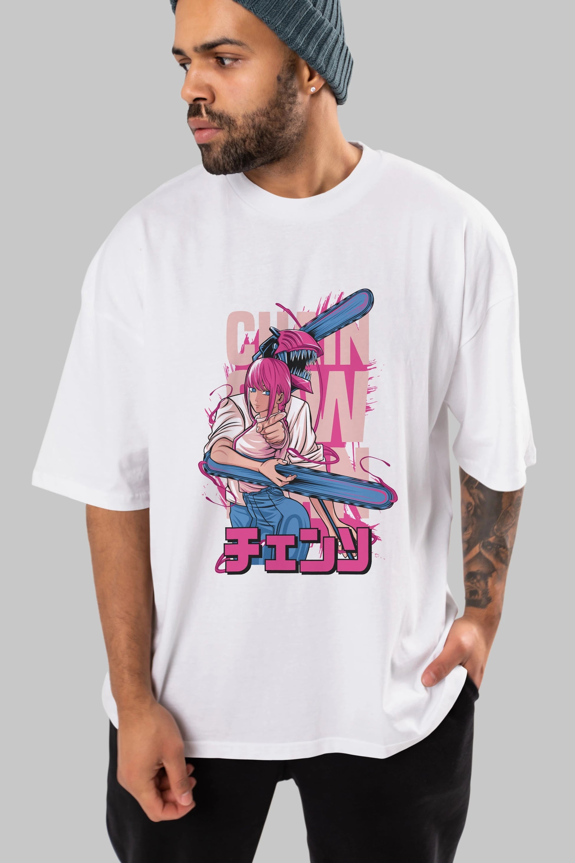 DENJI and MAKIMA Anime Ön Baskılı Oversize t-shirt %100 pamuk Erkek Kadın Unisex