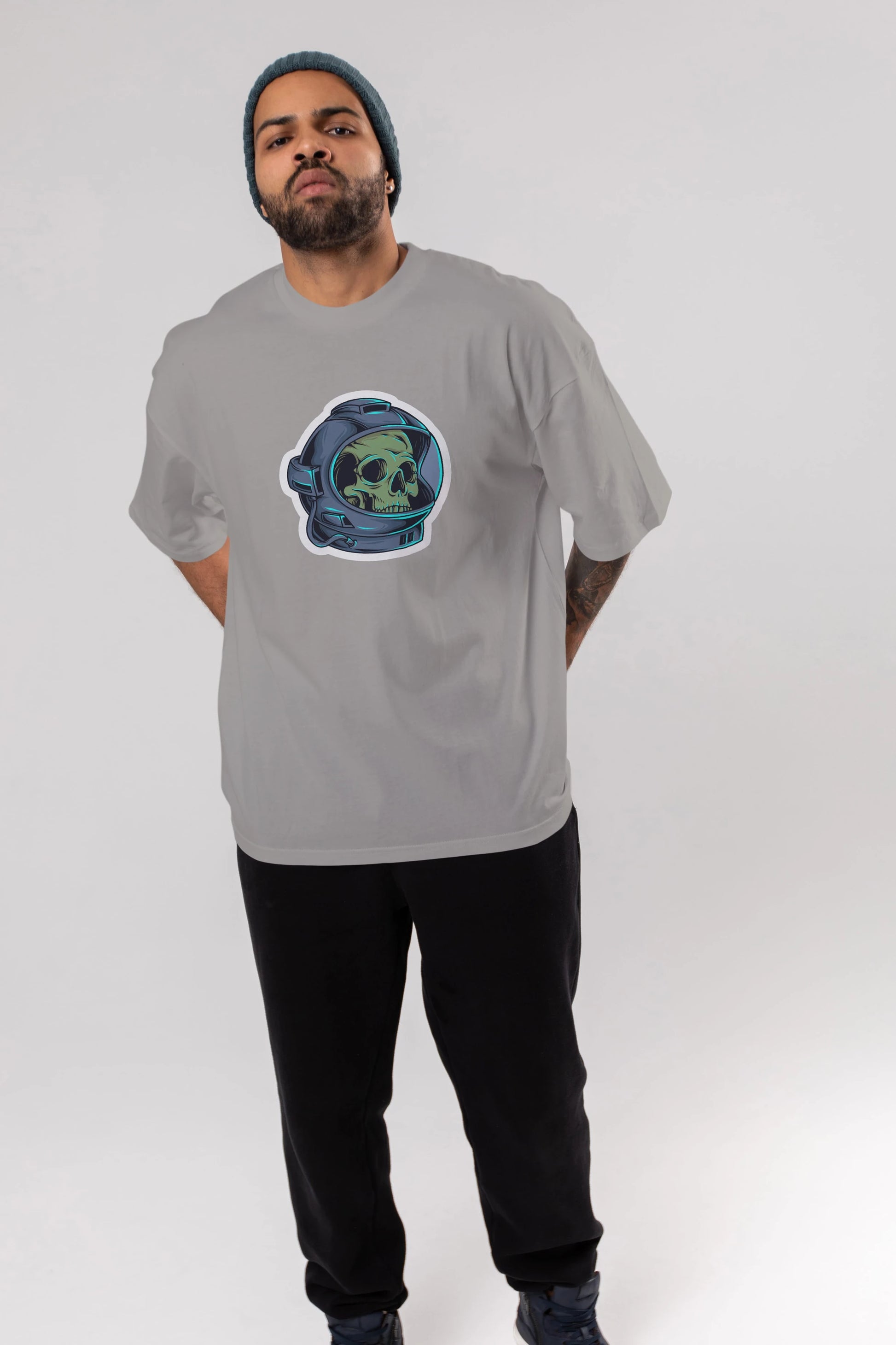 Astroskull Sticker Ön Baskılı Oversize t-shirt Erkek Kadın Unisex