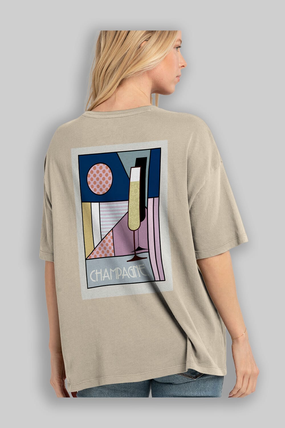 Champagne Arka Baskılı Oversize t-shirt Erkek Kadın Unisex %100 Pamuk Bisiklet Yaka tişort