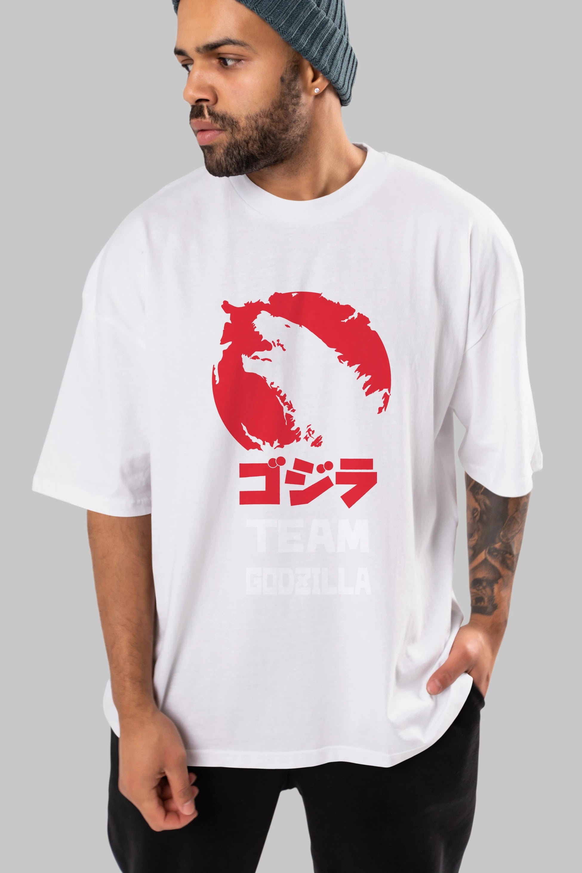 Team Godzilla Ön Baskılı Oversize t-shirt Erkek Kadın Unisex %100 Pamuk Bisiklet Yaka tişort