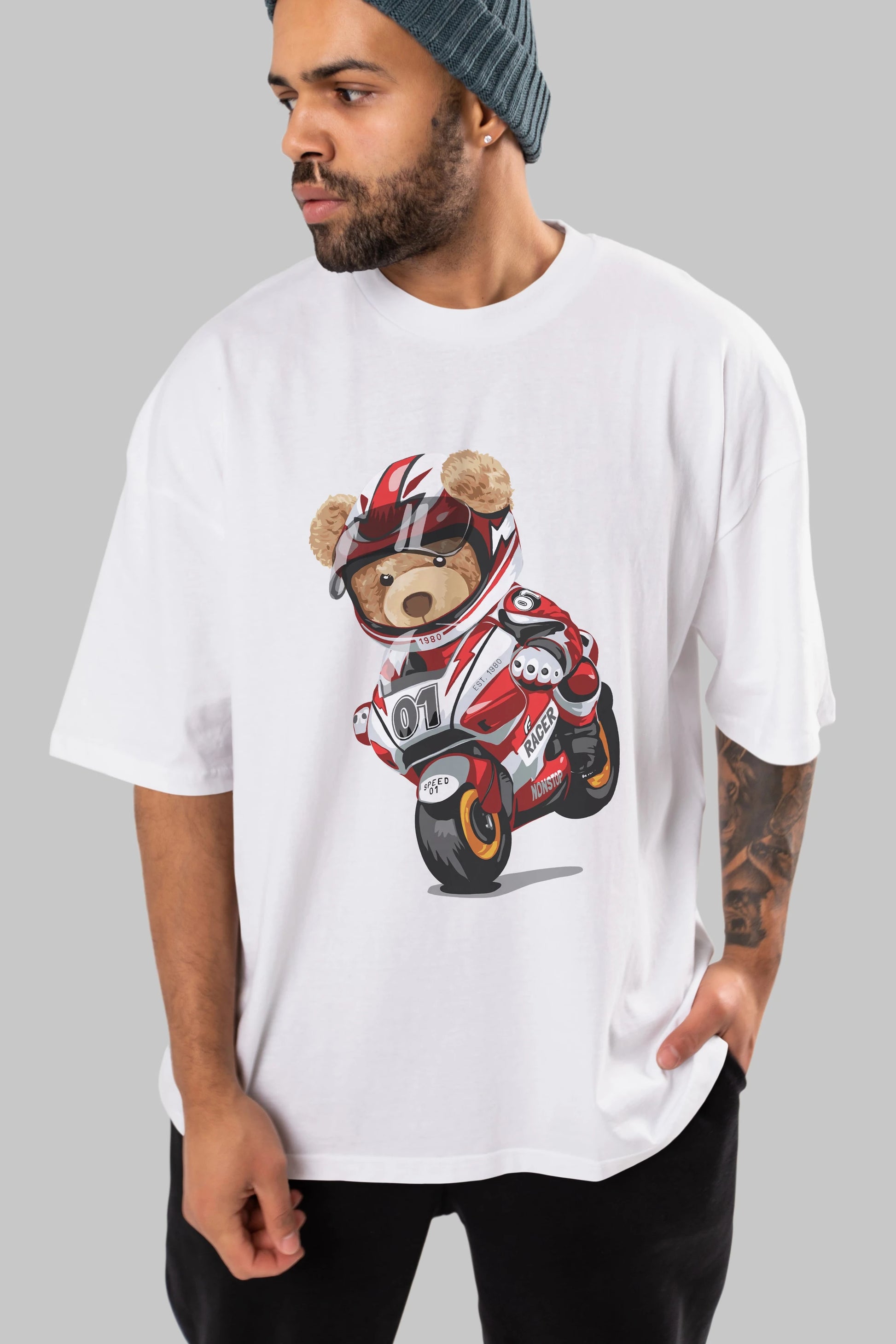 Teddy Bear Racer Ön Baskılı Oversize t-shirt Erkek Kadın Unisex %100 Pamuk