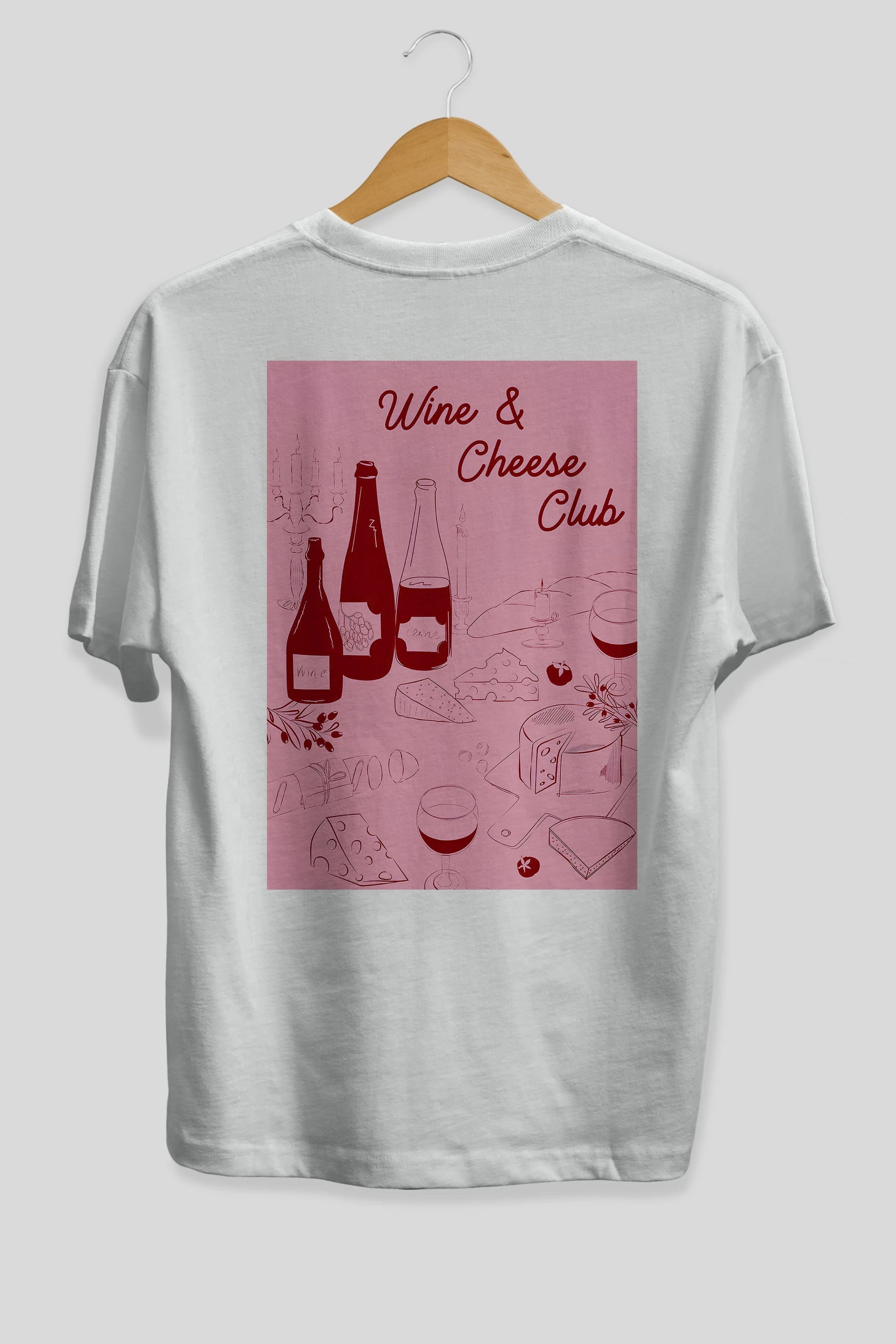 Wine Cheese Club Arka Baskılı Oversize t-shirt Erkek Kadın Unisex %100 Pamuk Bisiklet Yaka tişort