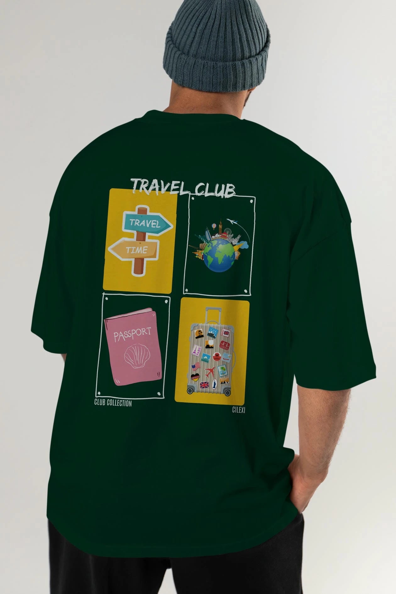 Travel Club Arka Baskılı Oversize t-shirt Erkek Kadın %100 Pamuk Bisiklet Yaka tişort