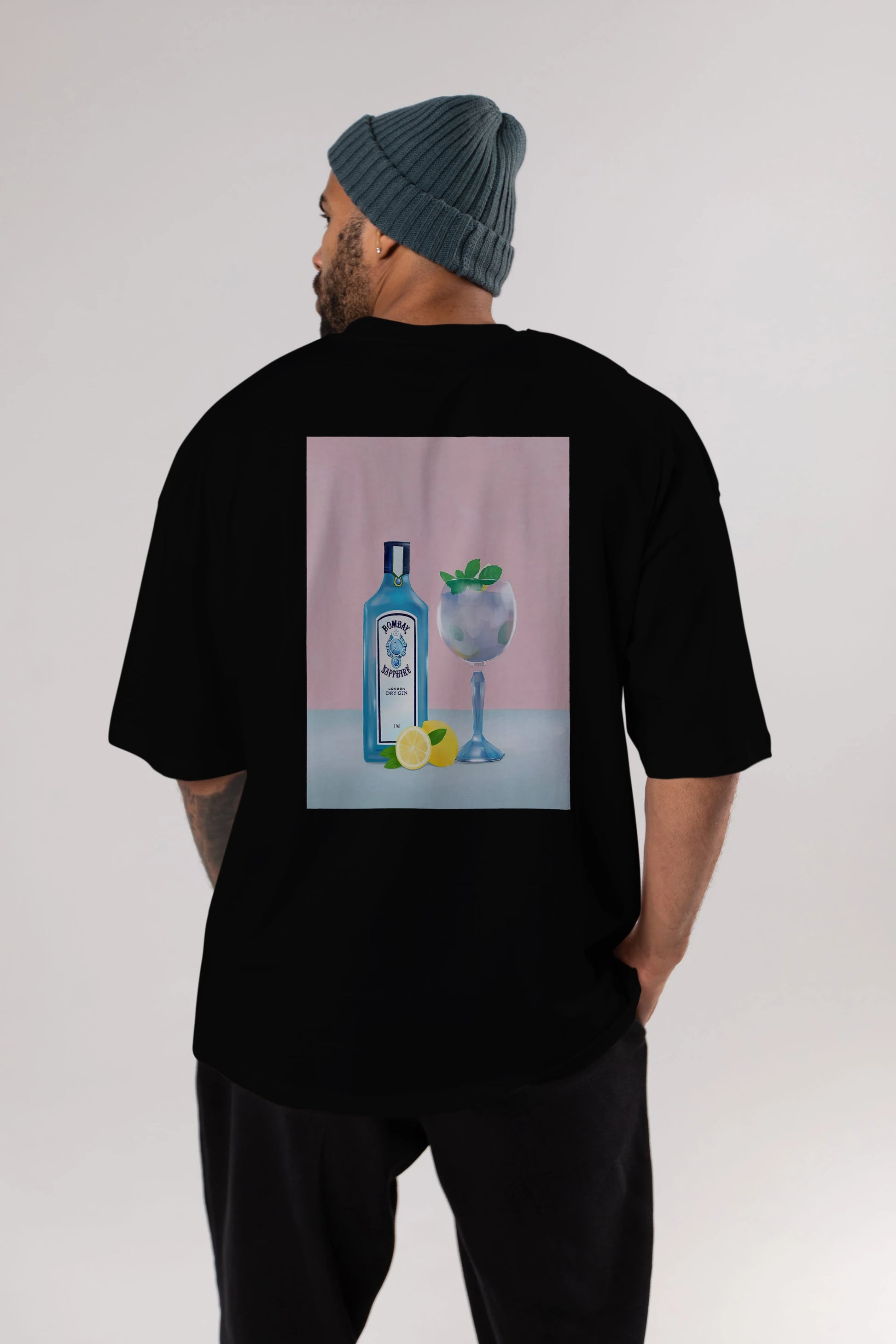 Bombay Sapphire Dry Gin Arka Baskılı Oversize t-shirt Erkek Kadın Unisex %100 Pamuk Bisiklet Yaka tişort