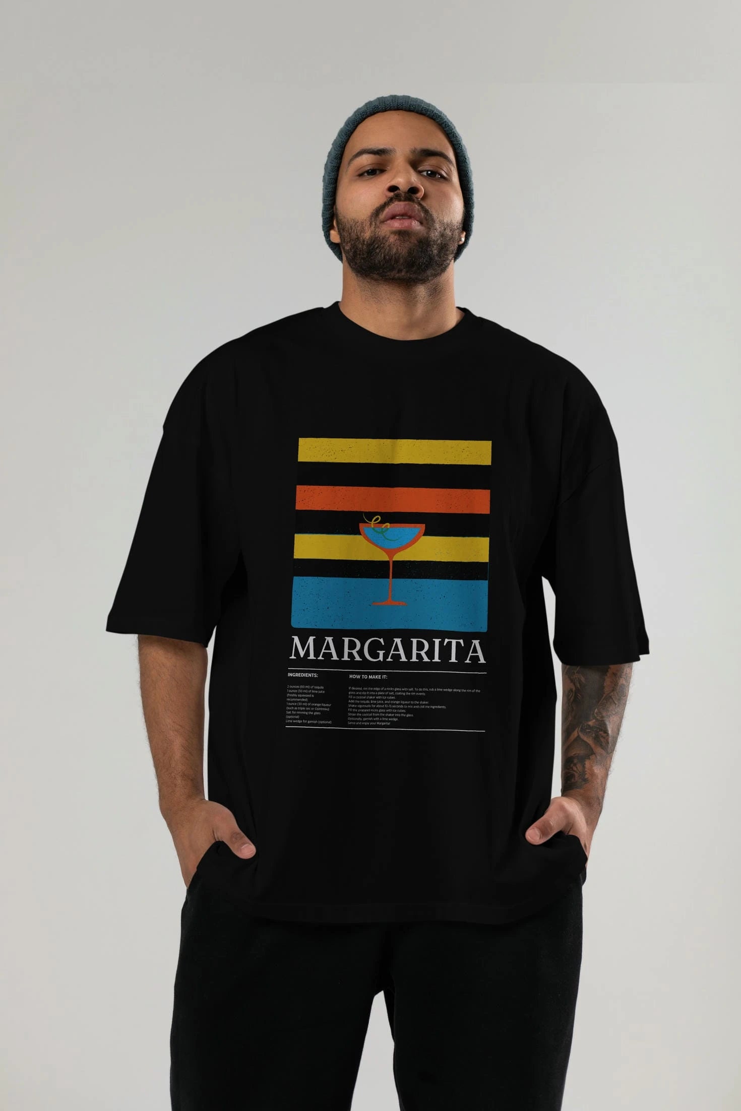 Margarita Kokteyl Ön Baskılı Oversize t-shirt Erkek Kadın %100 Pamuk Bisiklet Yaka tişort
