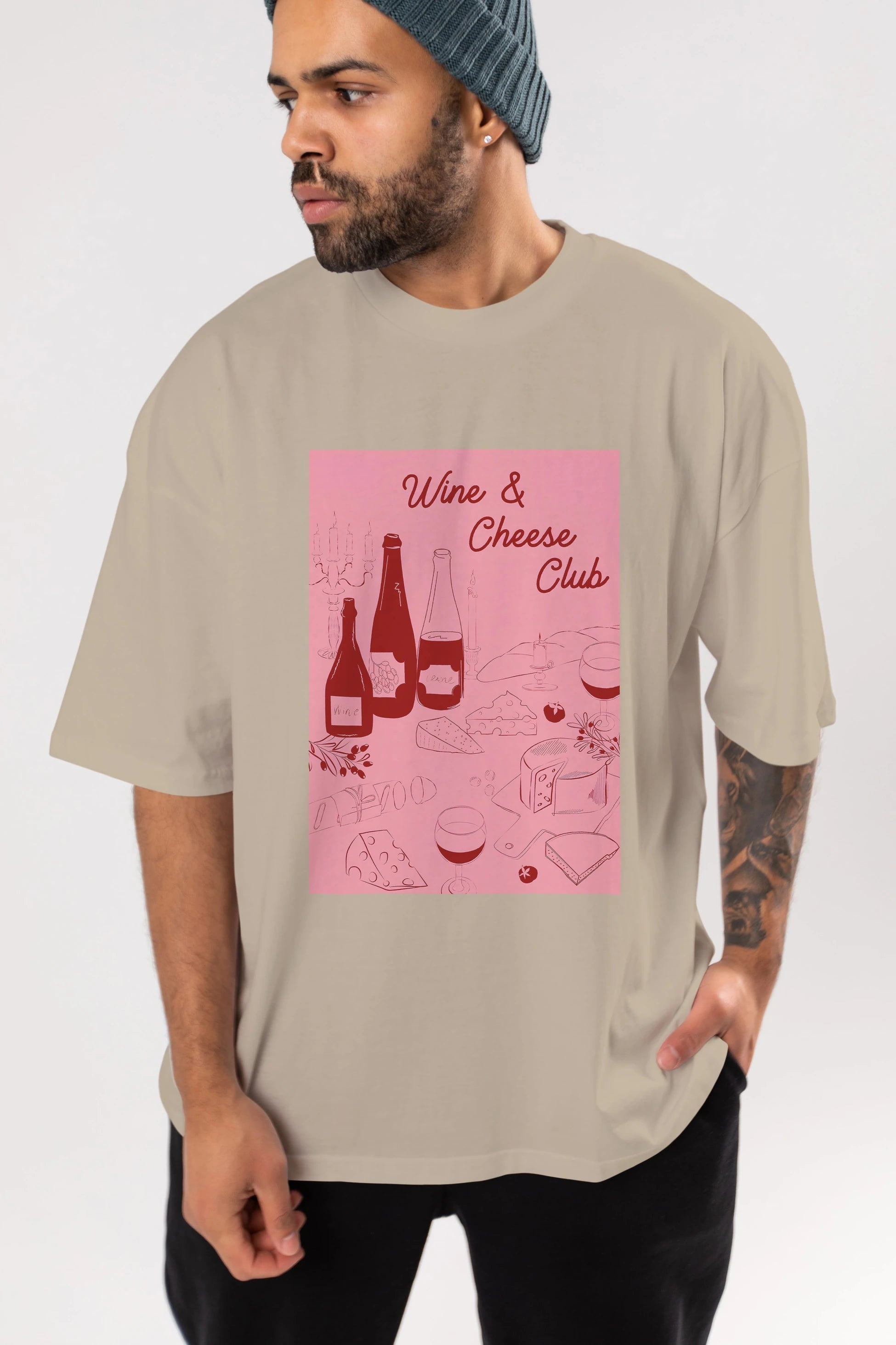 Wine Cheese Club Ön Baskılı Oversize t-shirt Erkek Kadın Unisex %100 Pamuk Bisiklet Yaka tişort