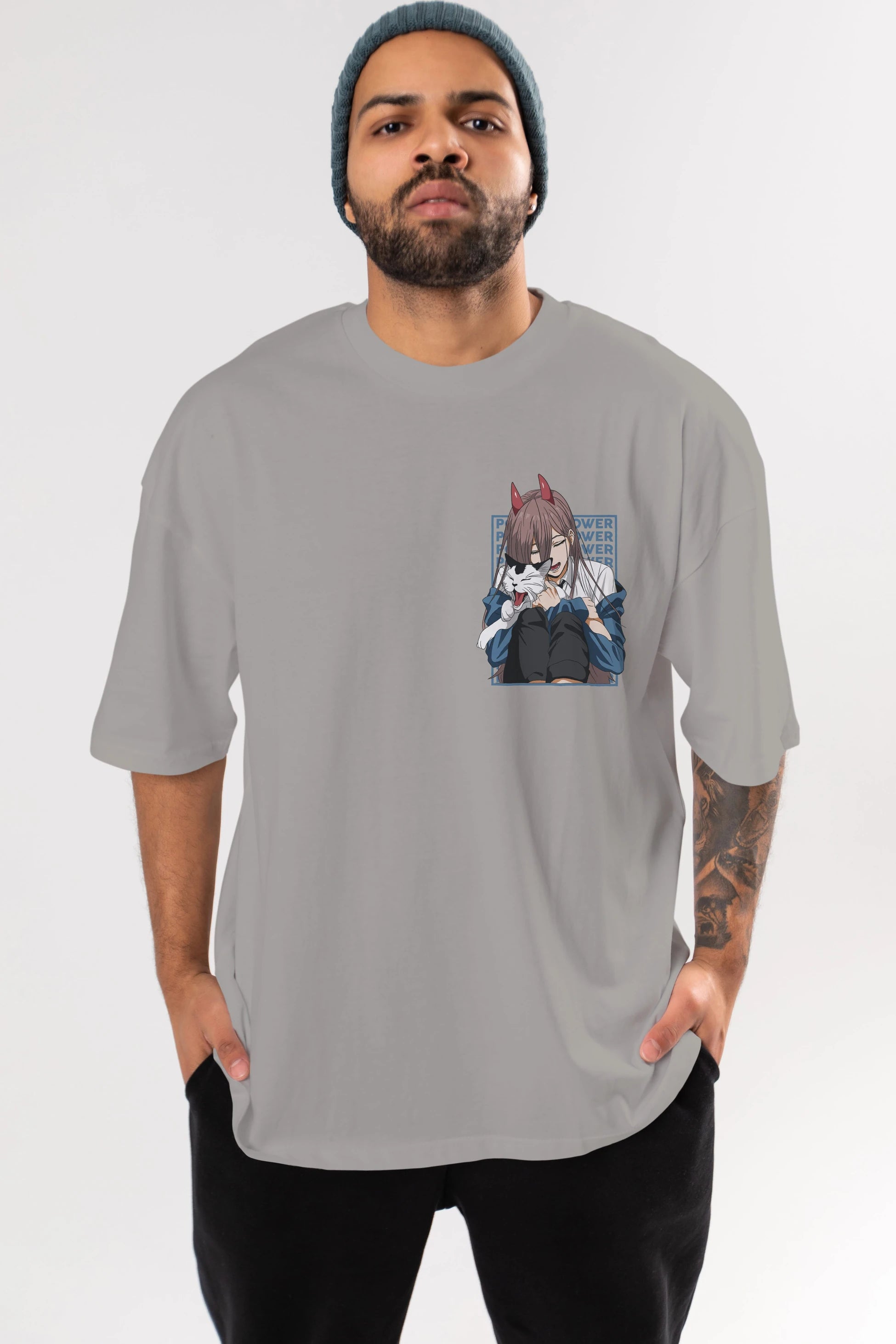 POWER CHAINSAWMAN Ön Sol Baskılı Oversize t-shirt Erkek Kadın Unisex %100 Pamuk Bisiklet Yaka tişort