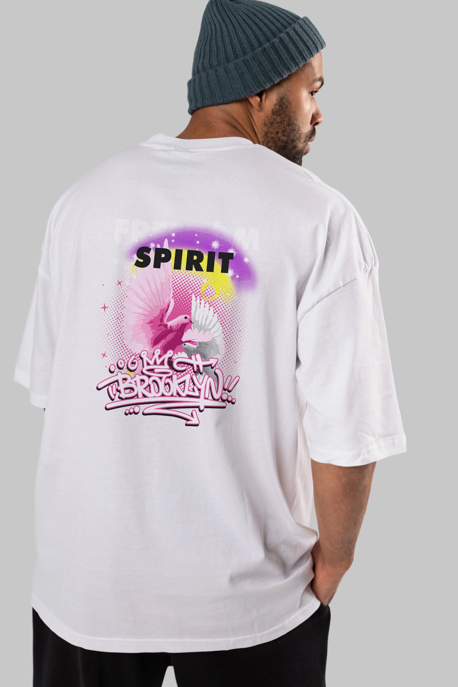 Freedom Spirit Brooklyn Arka Baskılı Oversize t-shirt Erkek Kadın Unisex