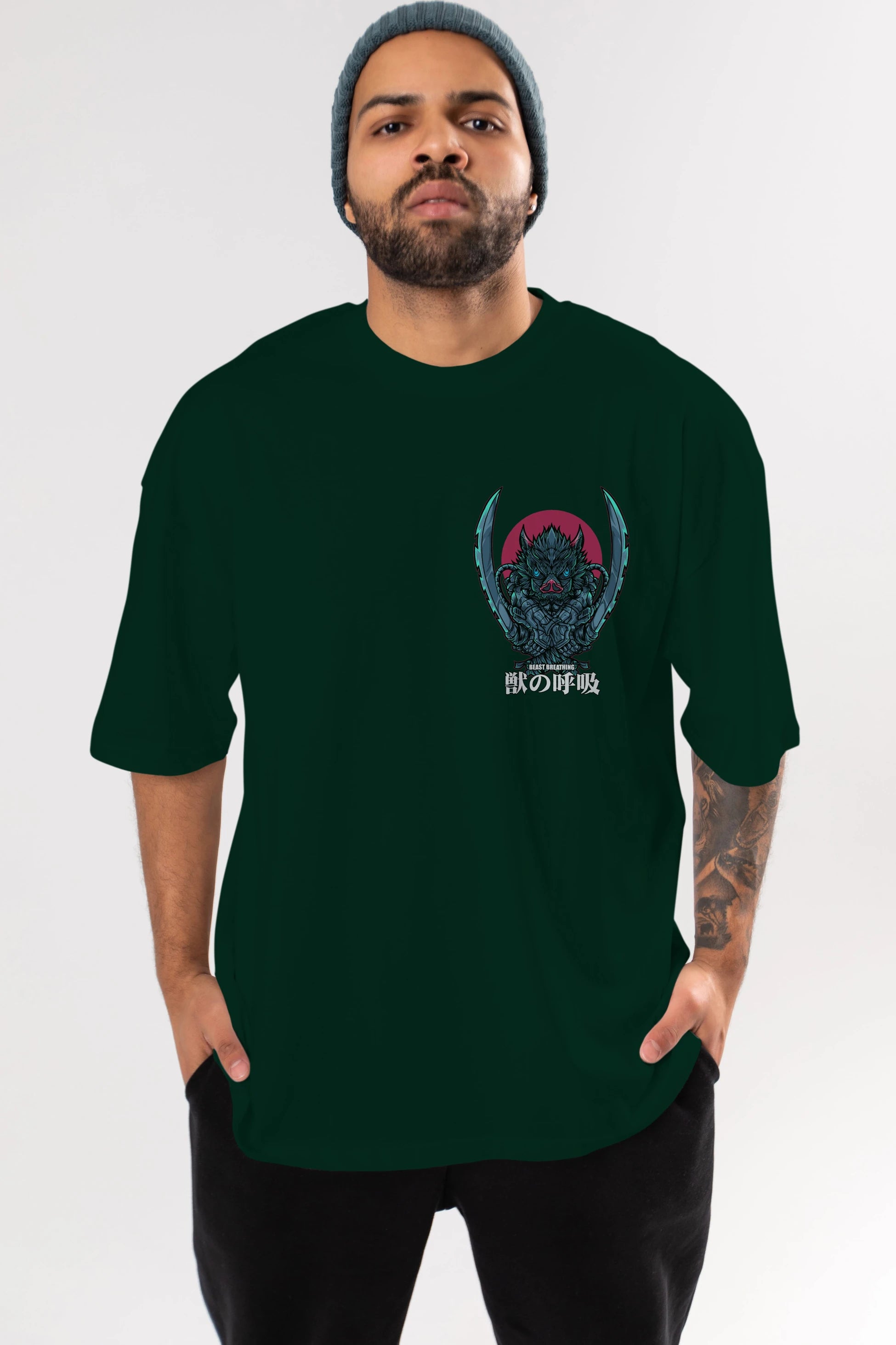 Inosuke DEMON SLAYER Ön Sol Baskılı Oversize t-shirt Erkek Kadın Unisex %100 Pamuk Bisiklet Yaka tişort