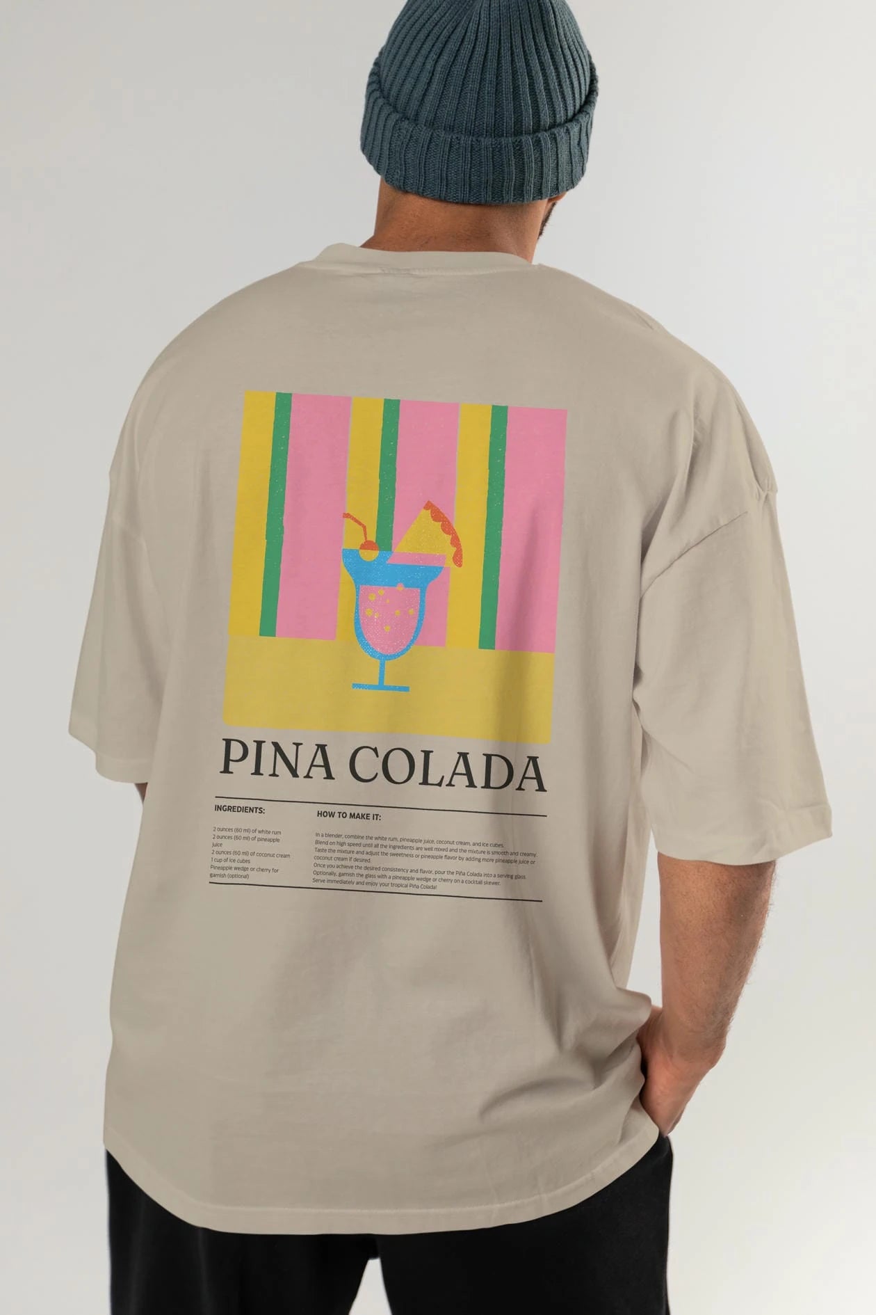 Pina Colada Kokteyl Serisi Arka Baskılı Oversize t-shirt Erkek Kadın %100 Pamuk Bisiklet Yaka tişort