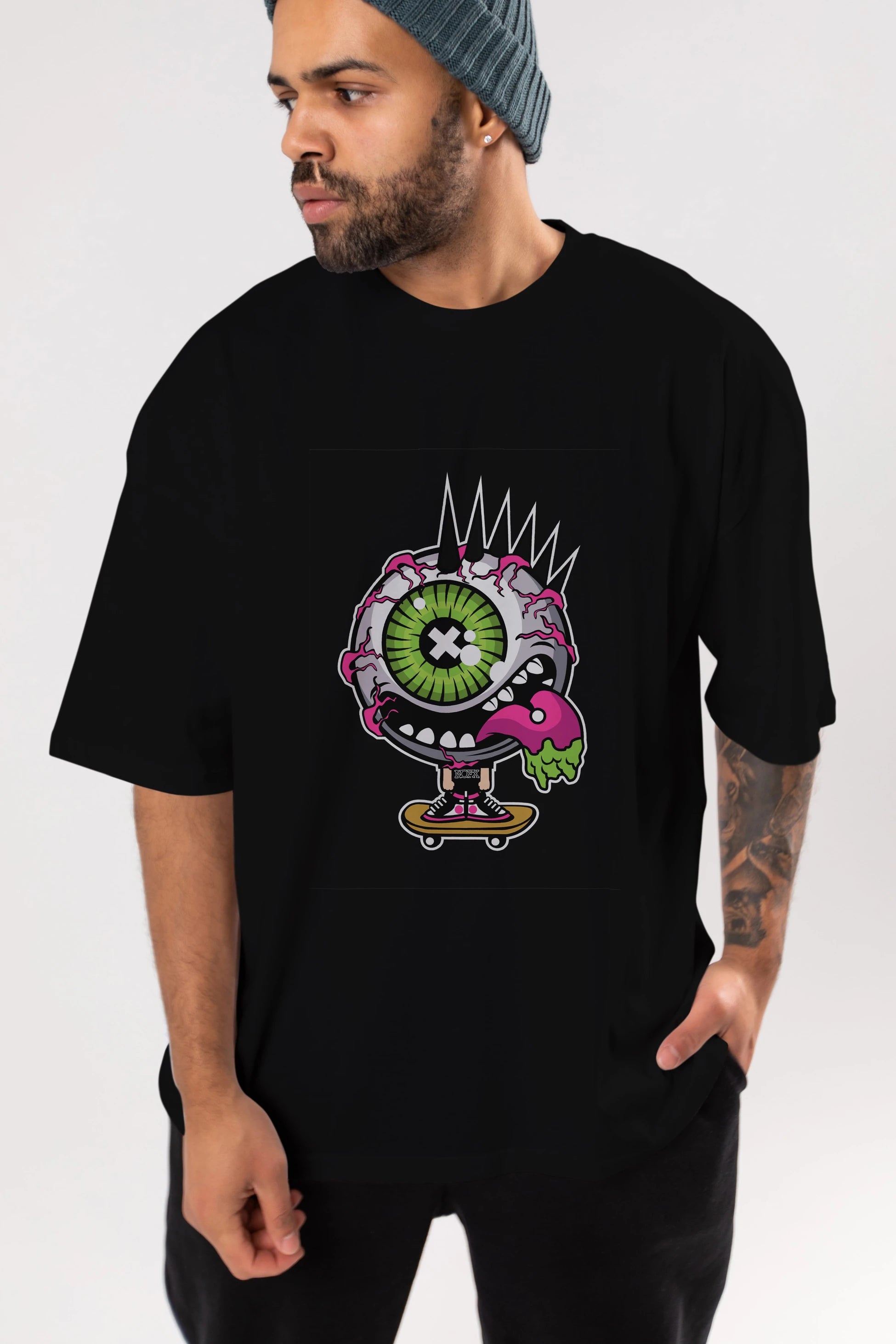 Eye Monster Skater Ön Baskılı Oversize t-shirt Erkek Kadın Unisex %100 Pamuk tişort