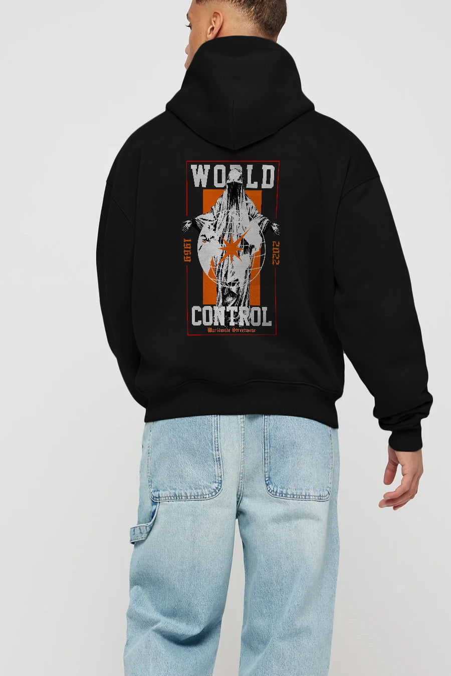 World Control Arka Baskılı Hoodie Oversize Kapüşonlu Sweatshirt Erkek Kadın Unisex