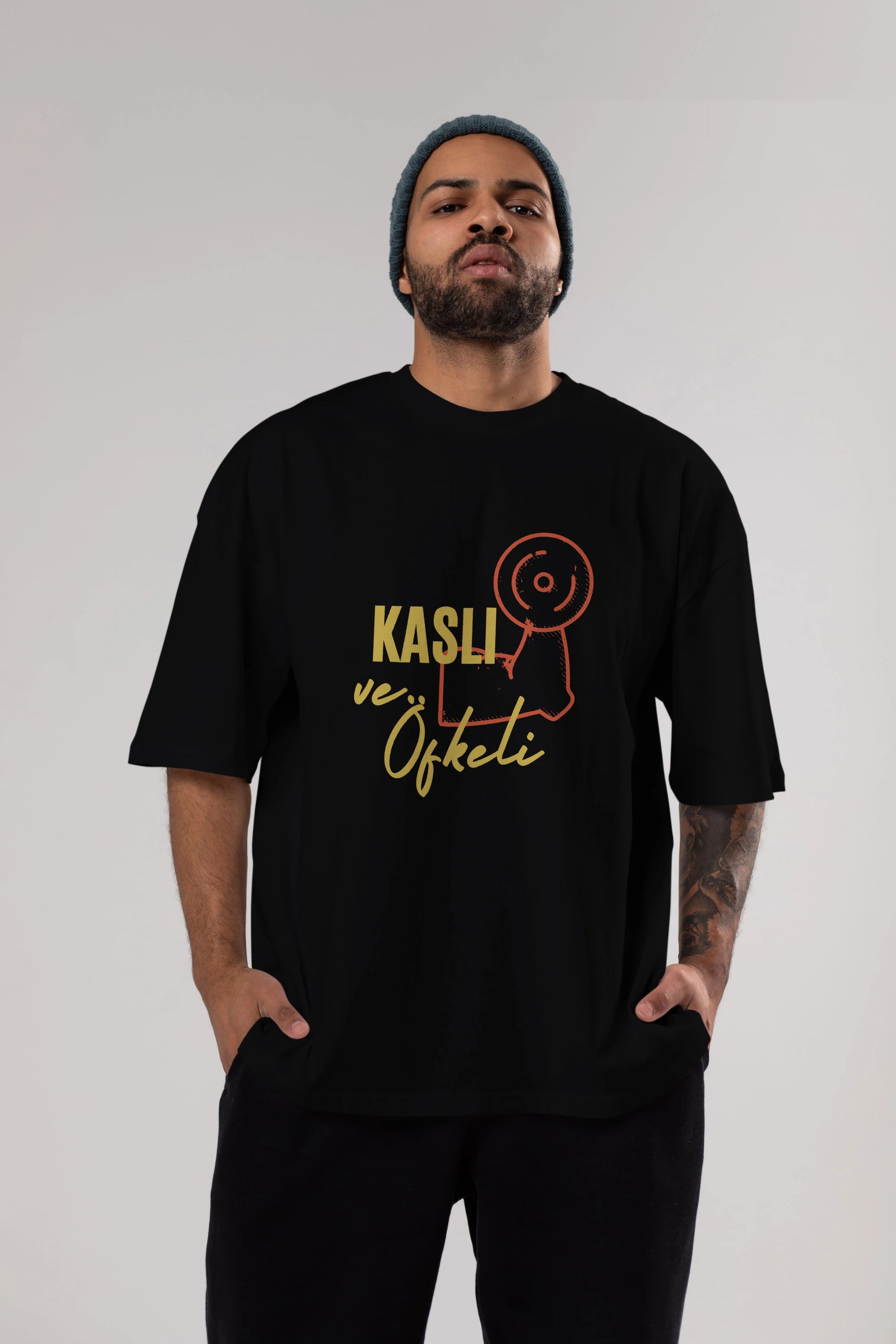 Kaslı ve Öfkeli Yazılı Ön Baskılı Oversize t-shirt Erkek Kadın Unisex