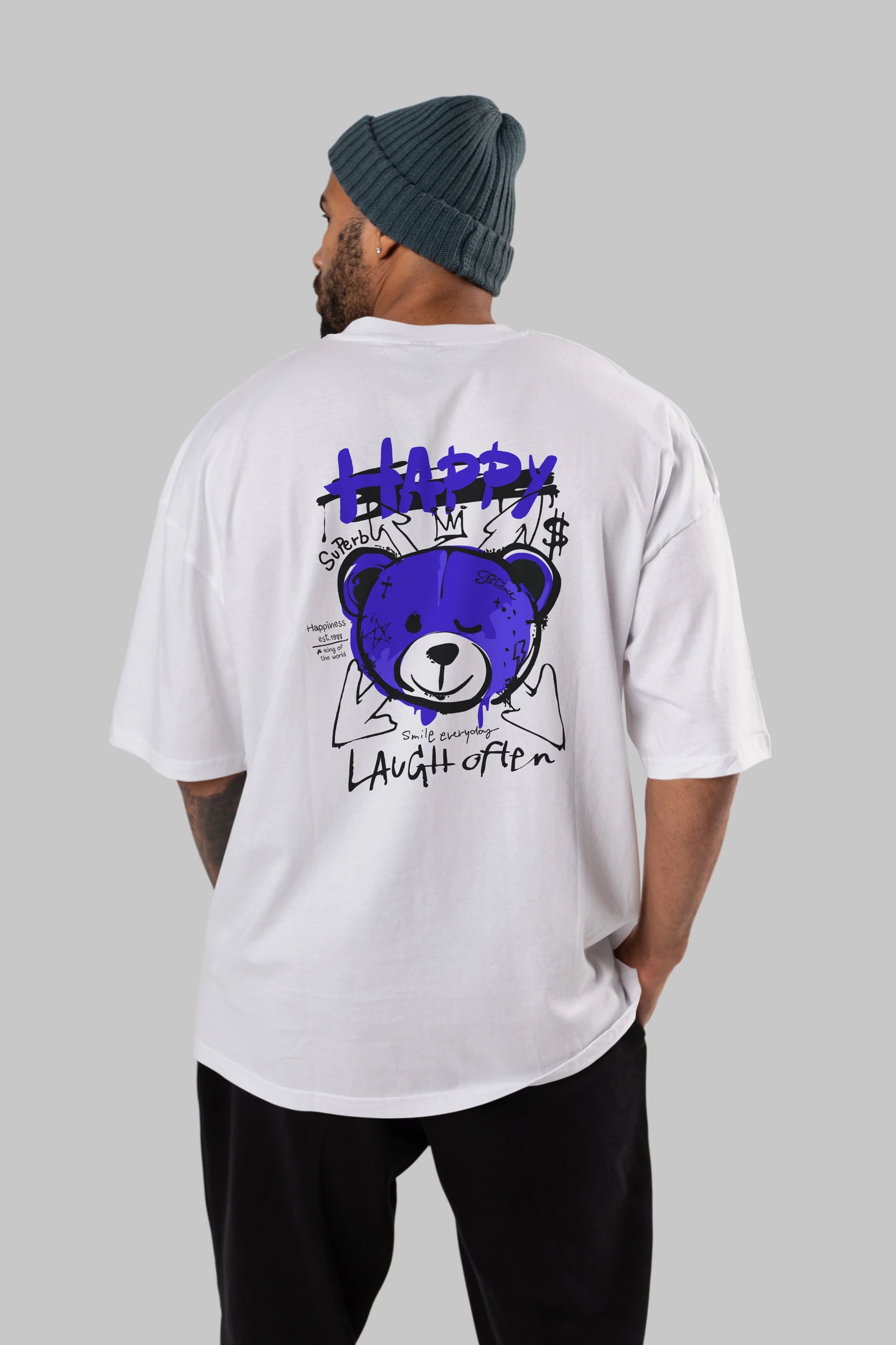 Happy Bear Arka Baskılı Oversize t-shirt Erkek Kadın Unisex