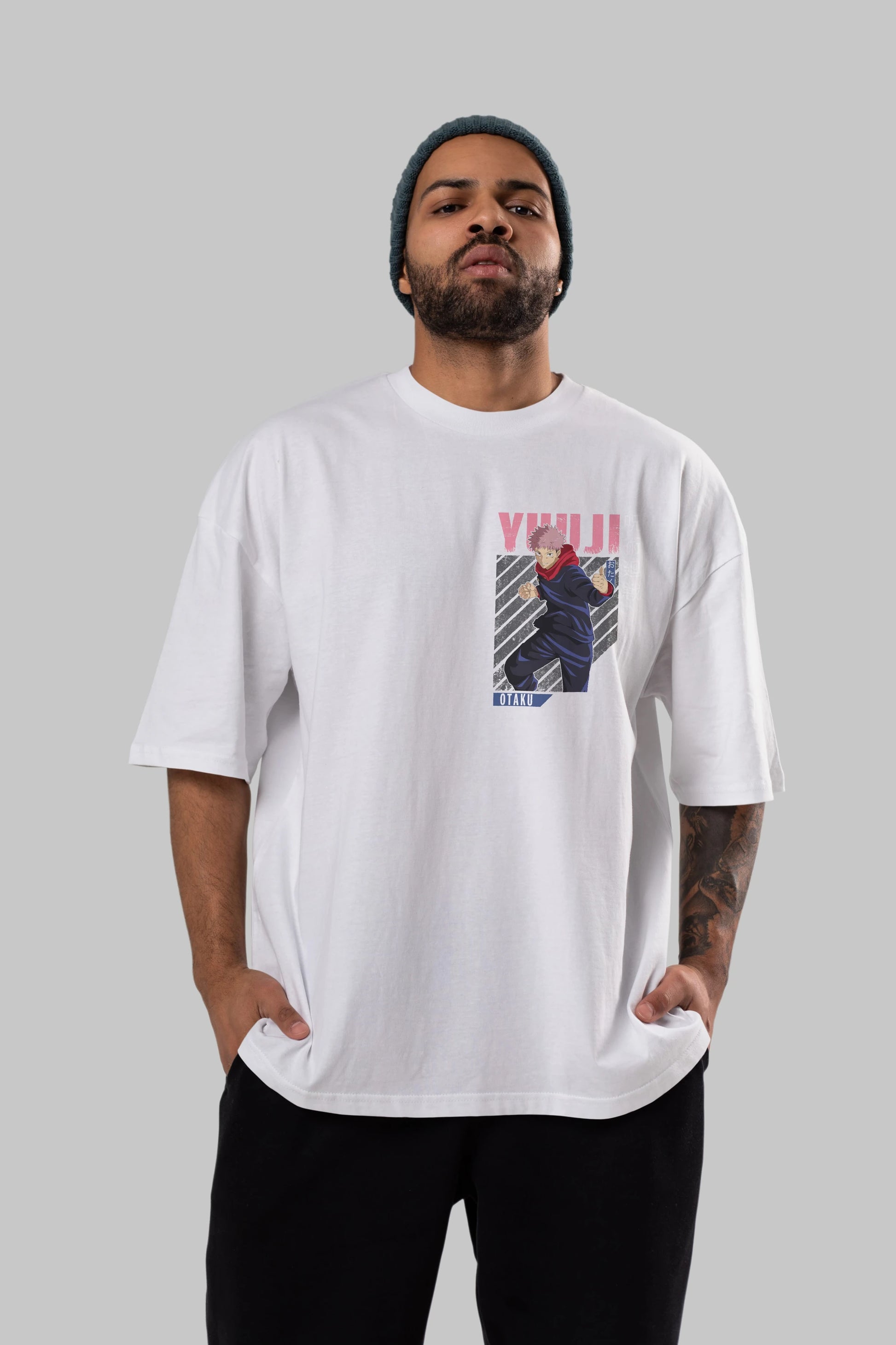 Yuuji Itadori Ön Sol Baskılı Oversize t-shirt Erkek Kadın Unisex %100 Pamuk Bisiklet Yaka tişort