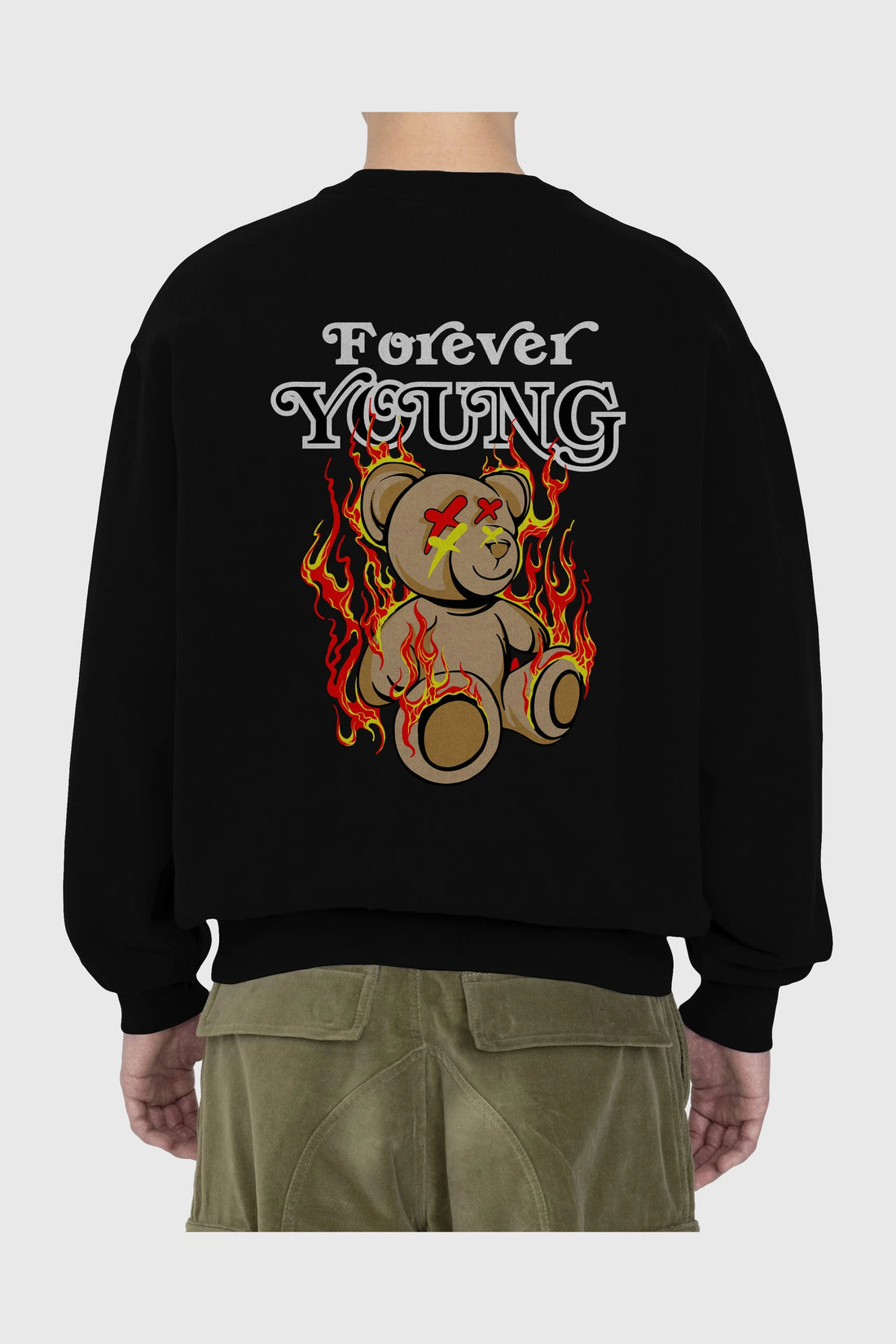Forever Young Bear Arka Baskılı Oversize Sweatshirt Erkek Kadın Unisex