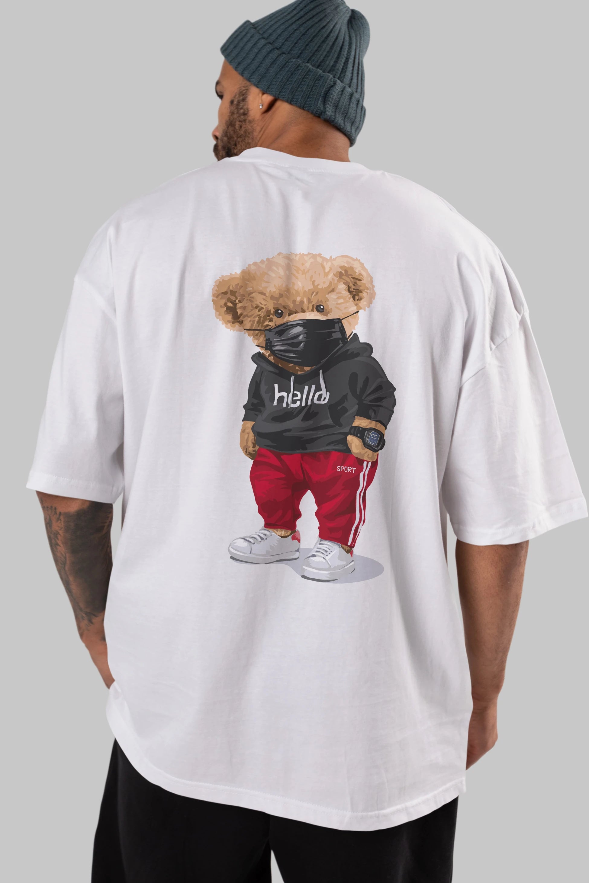Teddy Bear Hello Sport Arka Baskılı Oversize t-shirt Erkek Kadın Unisex %100 Pamuk