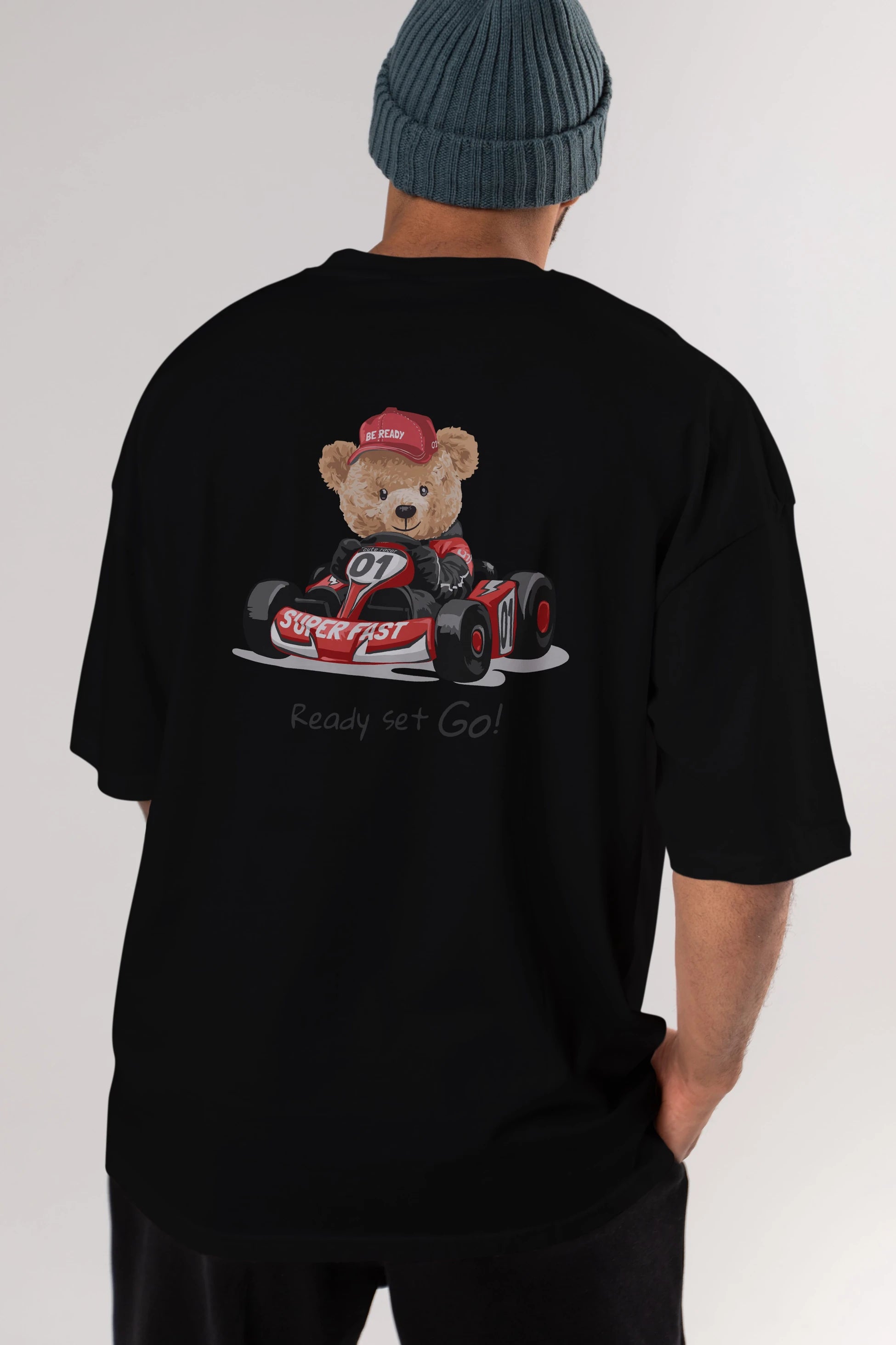 Teddy Bear Ready Set Go Arka Baskılı Oversize t-shirt Erkek Kadın Unisex %100 Pamuk