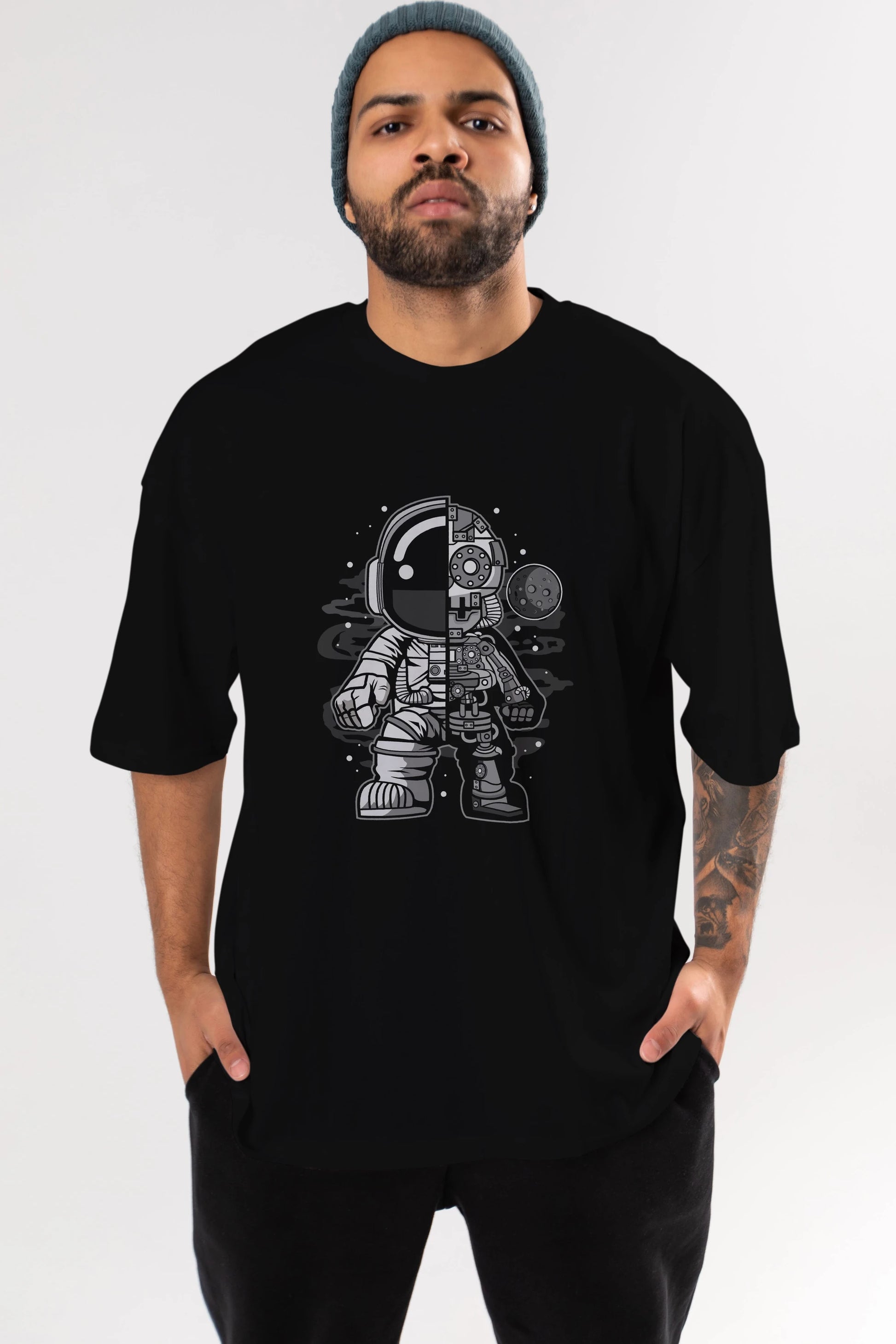 Astronaut Half Robot Ön Baskılı Oversize t-shirt Erkek Kadın Unisex