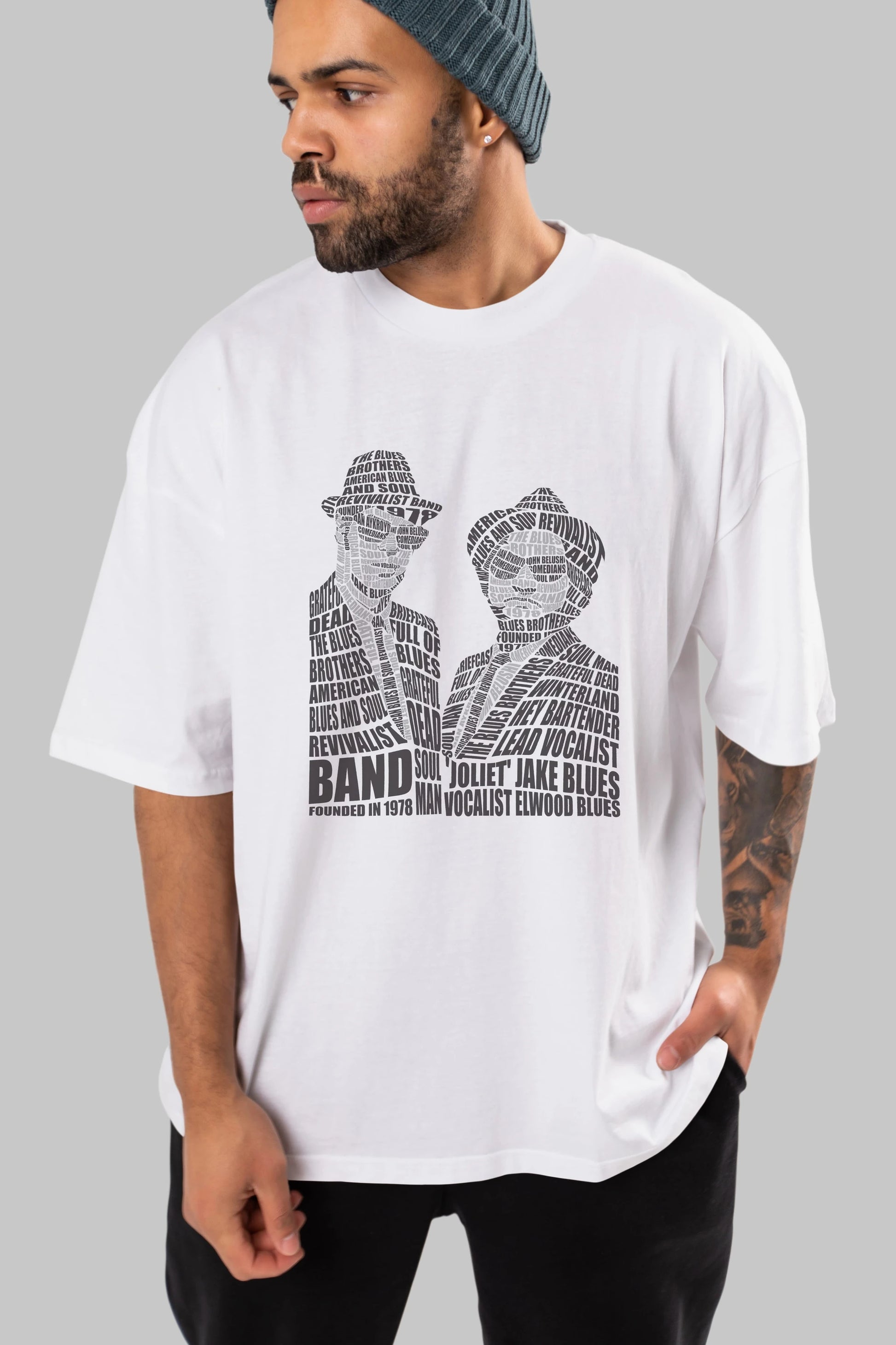 Blues Brothers Calligram Ön Baskılı Oversize t-shirt %100 pamuk Erkek Kadın Unisex