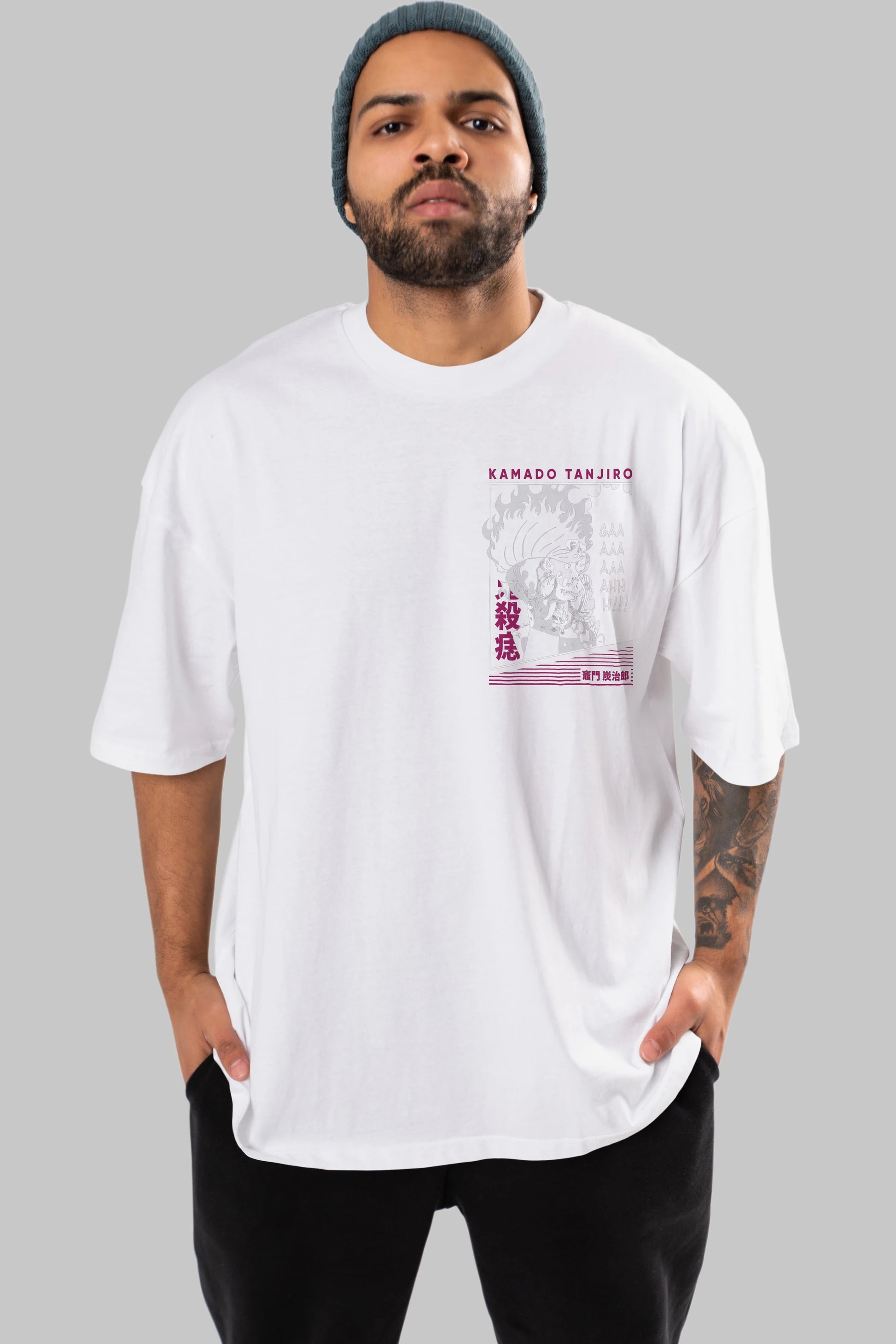 TANJIRO KAMADO 3 Ön Sol Baskılı Oversize t-shirt Erkek Kadın Unisex %100 Pamuk Bisiklet Yaka tişort