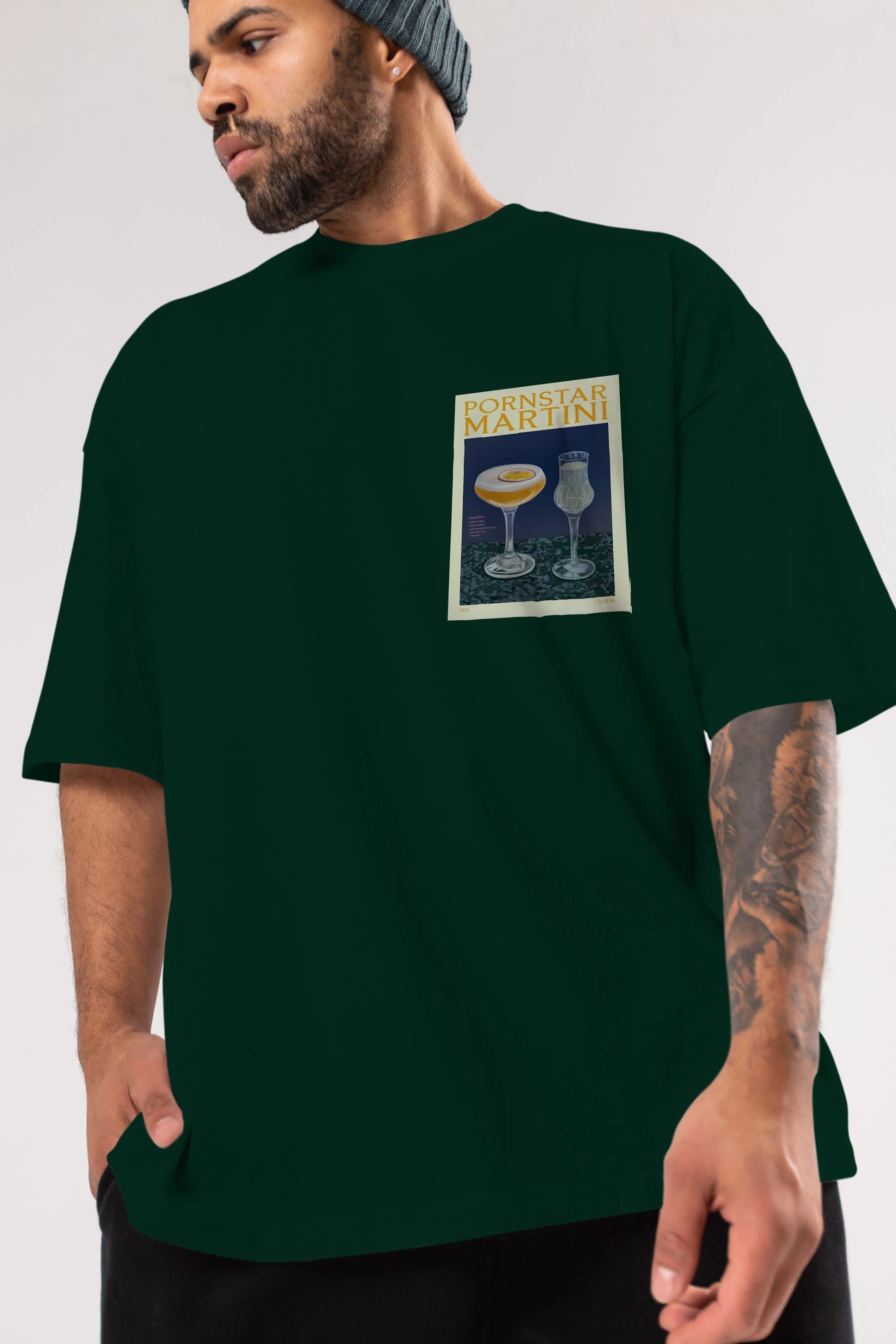 P.rnstar Martini Ön Sol Baskılı Oversize t-shirt Erkek Kadın Unisex %100 Pamuk Bisiklet Yaka tişort