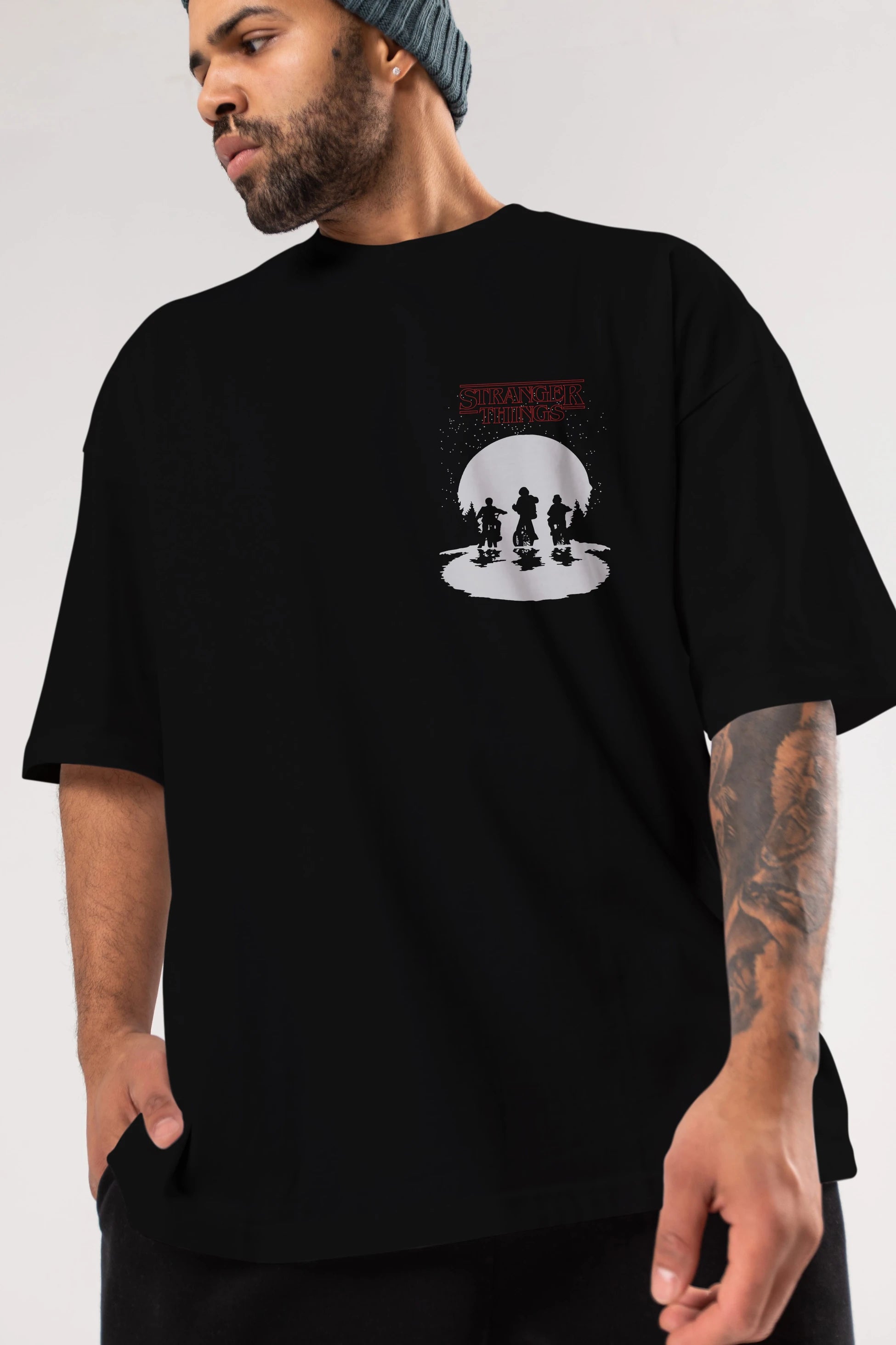 Stranger Things Ön Sol Baskılı Oversize t-shirt Erkek Kadın Unisex %100 Pamuk Bisiklet Yaka tişort