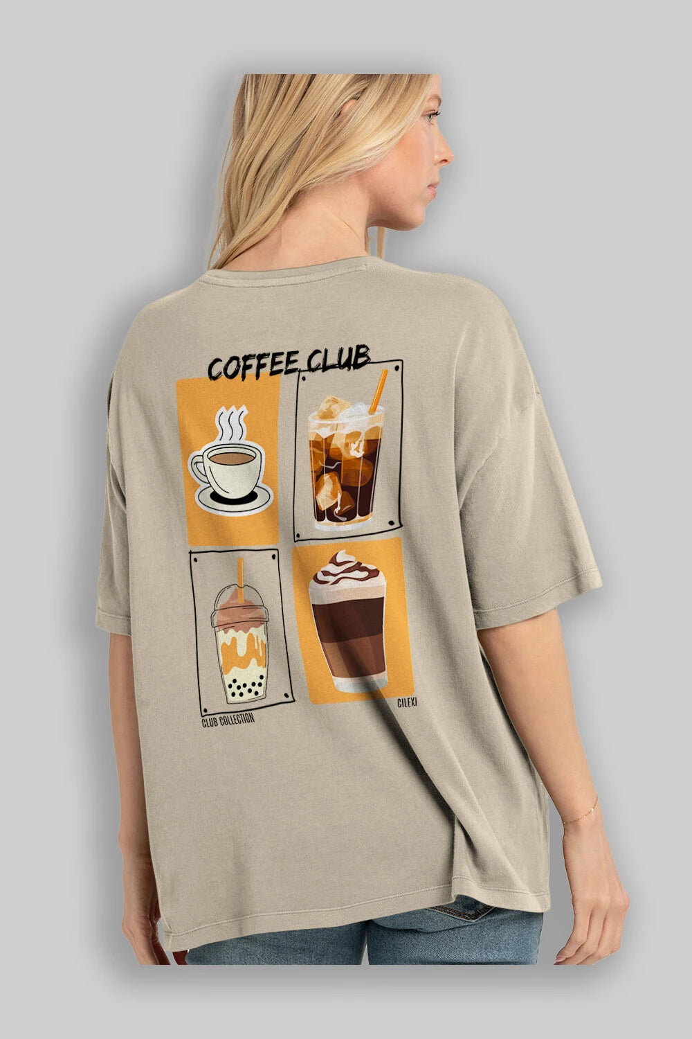 Coffee Club Arka Baskılı Oversize t-shirt Erkek Kadın %100 Pamuk Bisiklet Yaka tişort