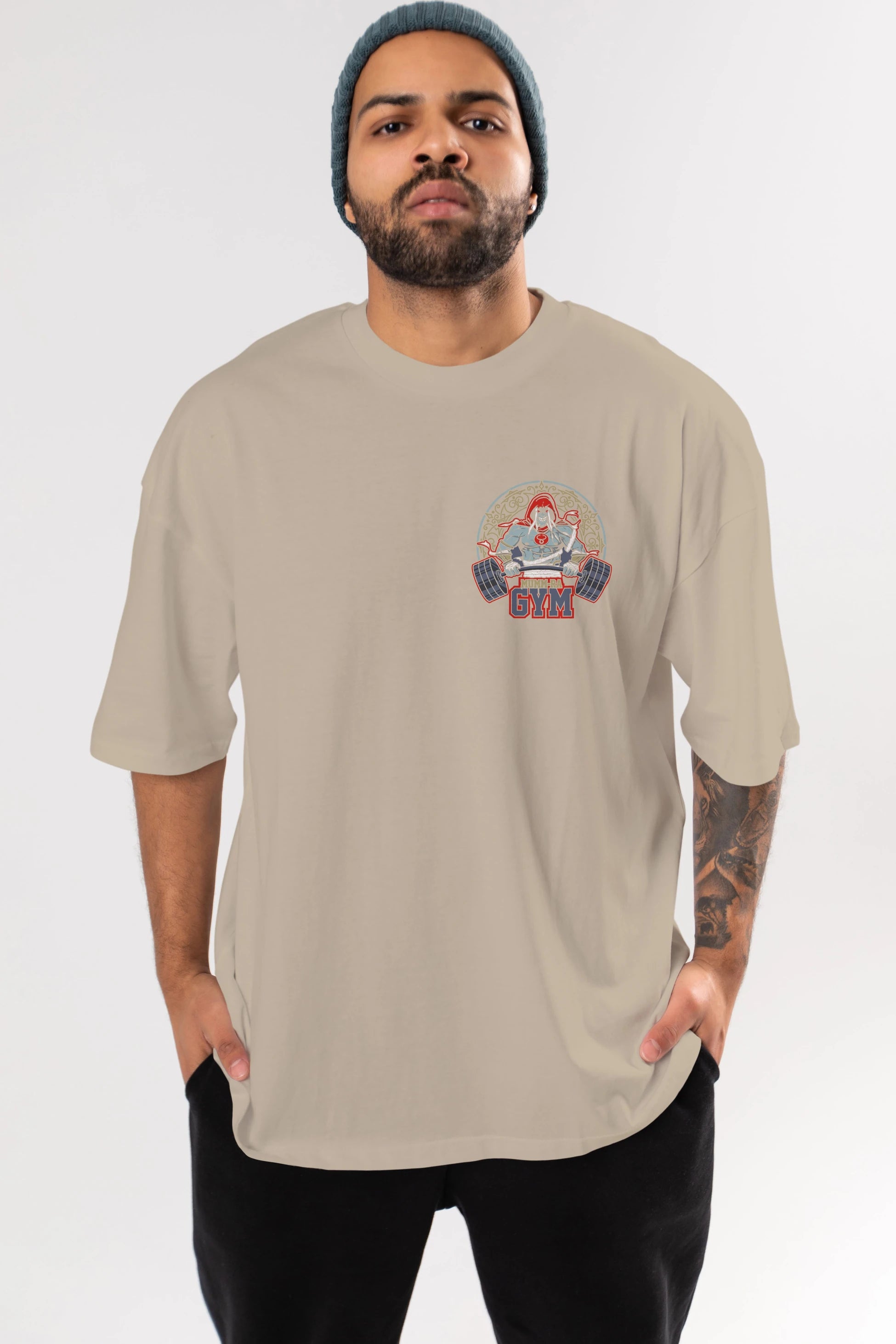 Mumm-ra GYM Ön Sol Baskılı Oversize t-shirt Erkek Kadın Unisex %100 Pamuk Bisiklet Yaka tişort