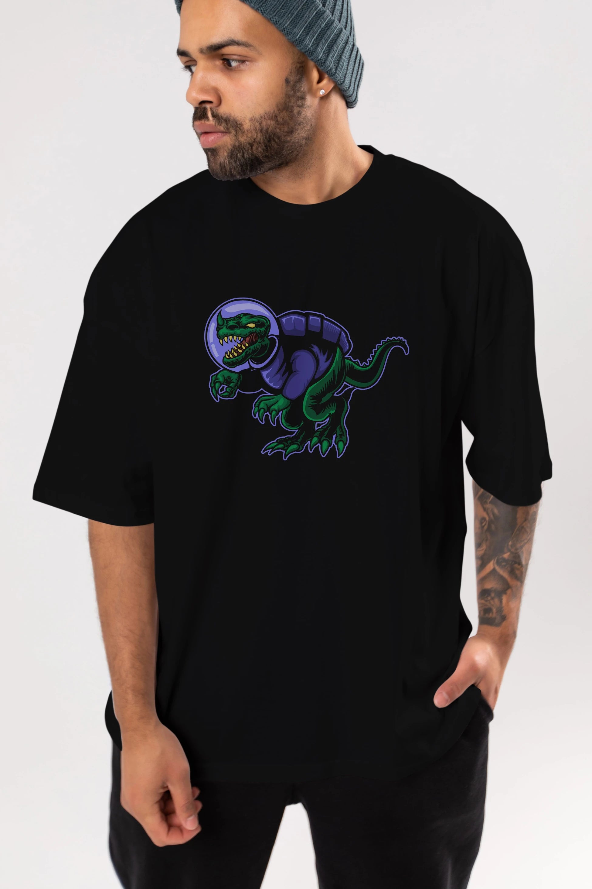 Space Dino Ön Baskılı Oversize t-shirt Erkek Kadın Unisex