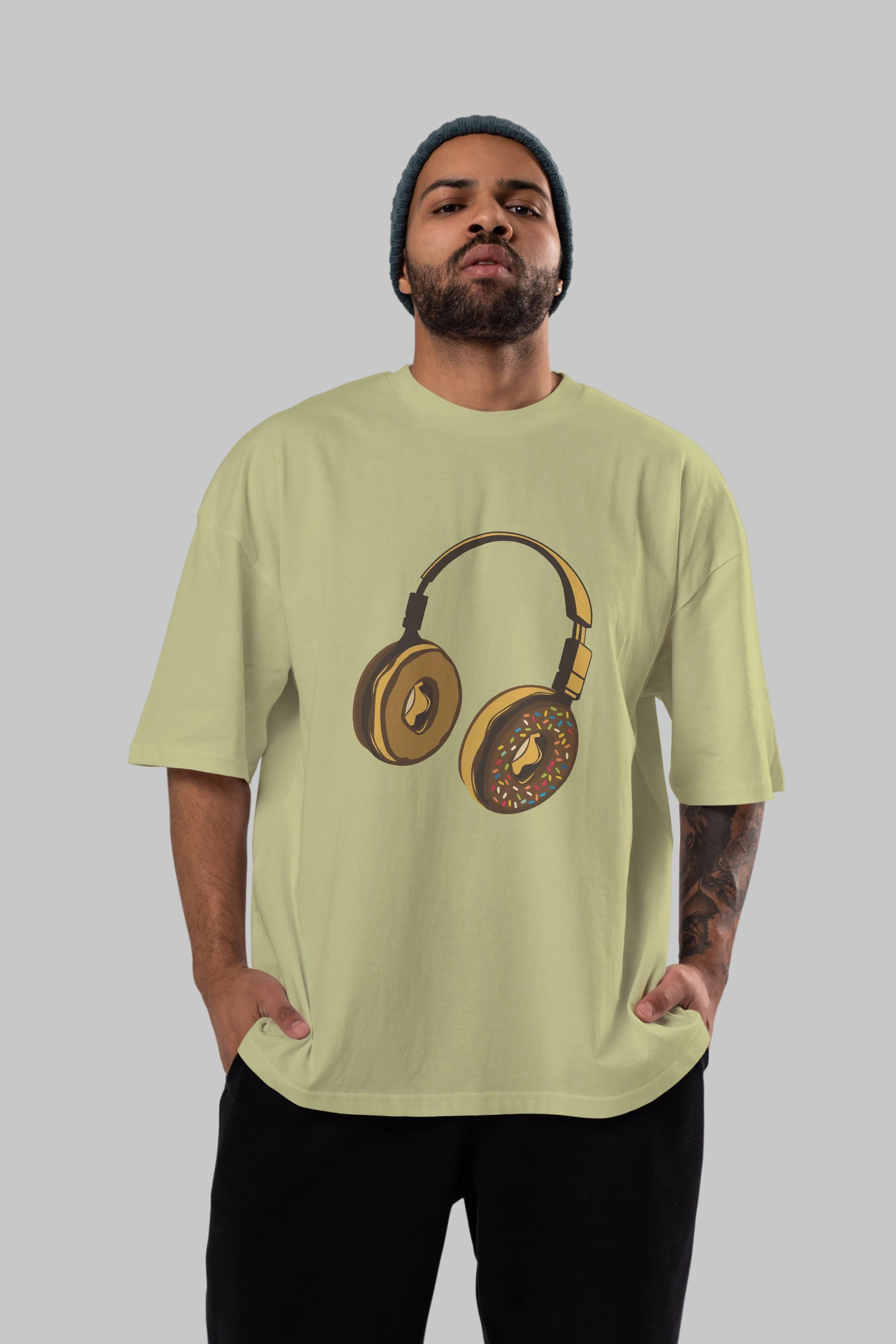 Headphone Donut Ön Baskılı Oversize t-shirt %100 pamuk Erkek Kadın Unisex