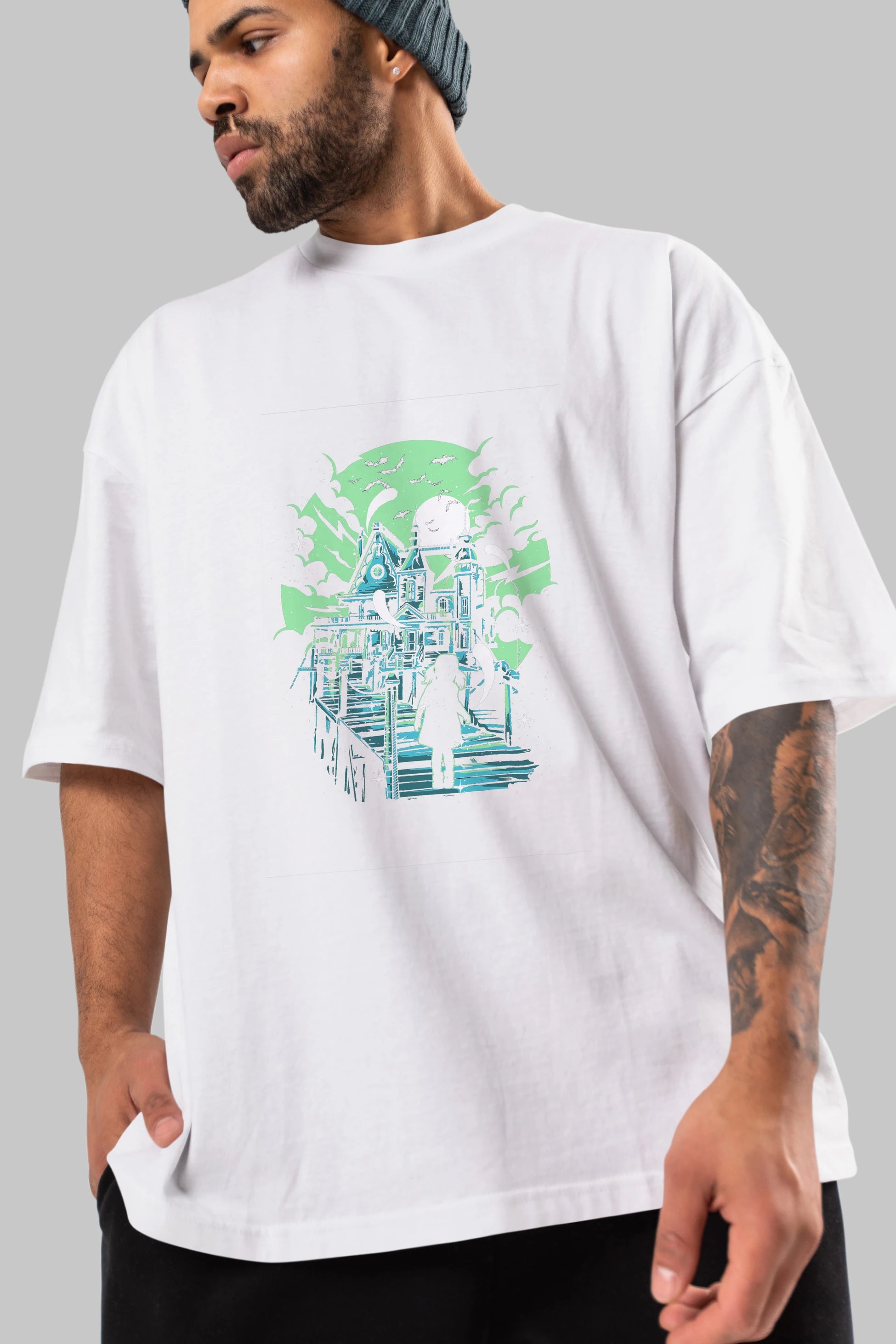 Haunted House Ön Baskılı Oversize t-shirt Erkek Kadın Unisex %100 Pamuk tişort
