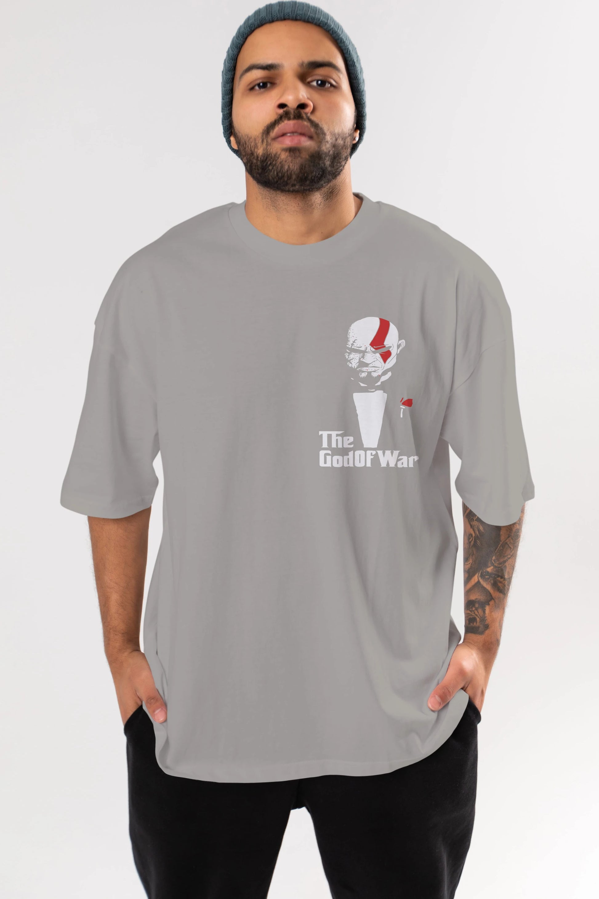 The God of War Ön Sol Baskılı Oversize t-shirt Erkek Kadın Unisex %100 Pamuk Bisiklet Yaka tişort