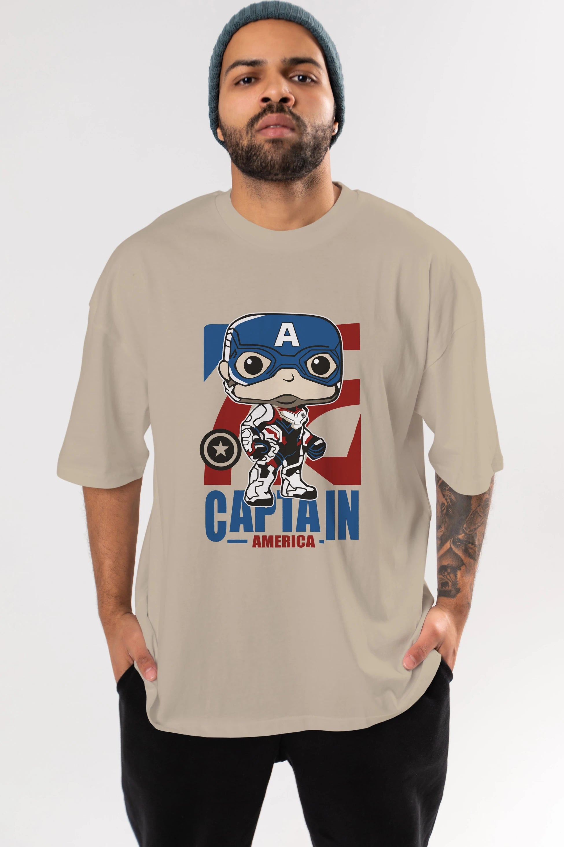 Captain America Ön Baskılı Oversize t-shirt Erkek Kadın Unisex %100 Pamuk Bisiklet Yaka tişort