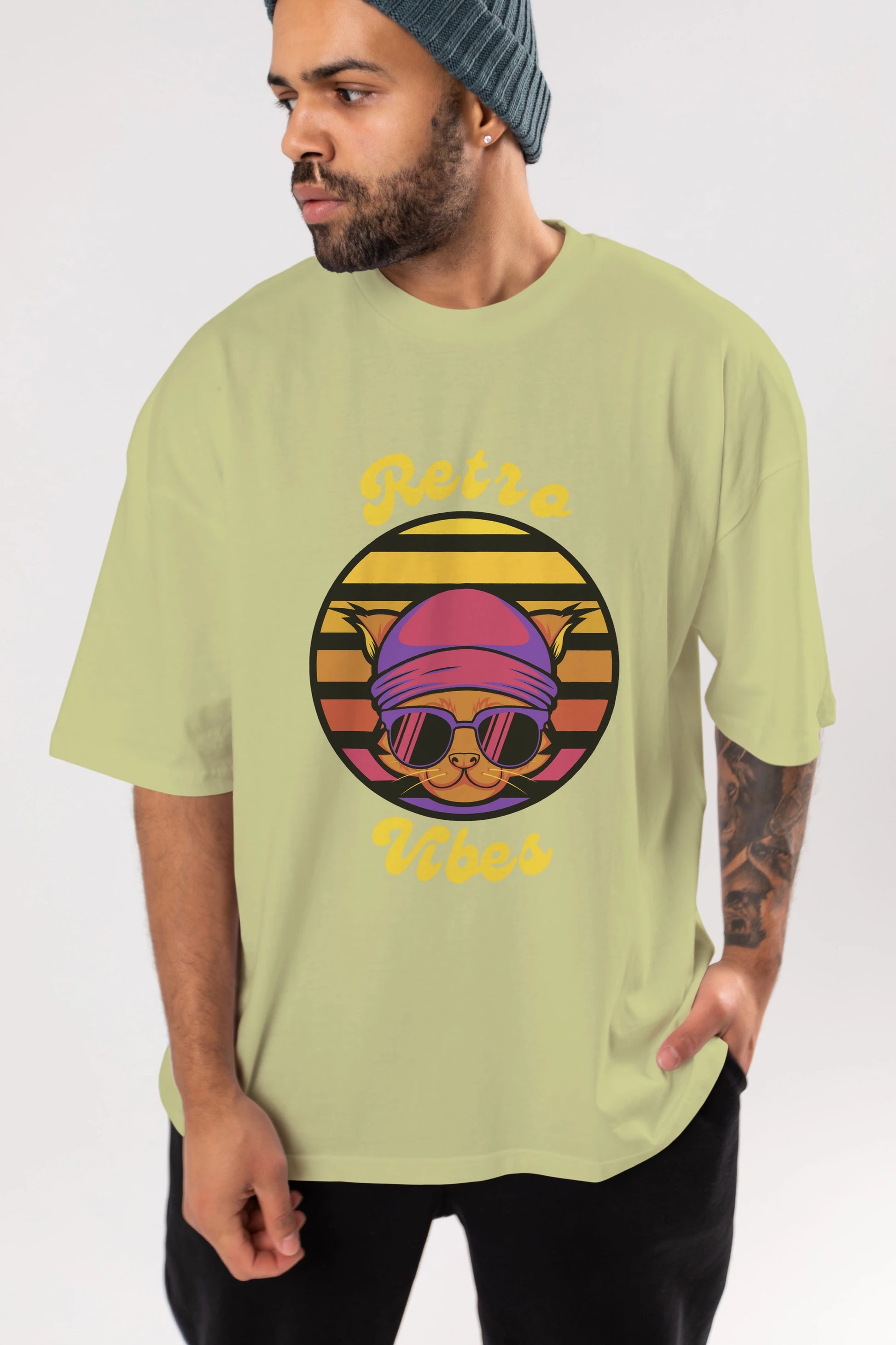 Cat Retro Vibes Ön Baskılı Oversize t-shirt Erkek Kadın Unisex