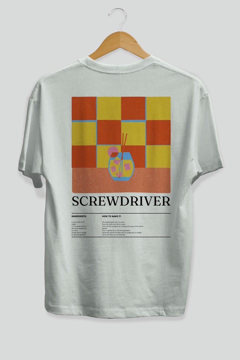 Screwdriver Kokteyl Serisi Arka Baskılı Oversize t-shirt Erkek Kadın %100 Pamuk Bisiklet Yaka tişort