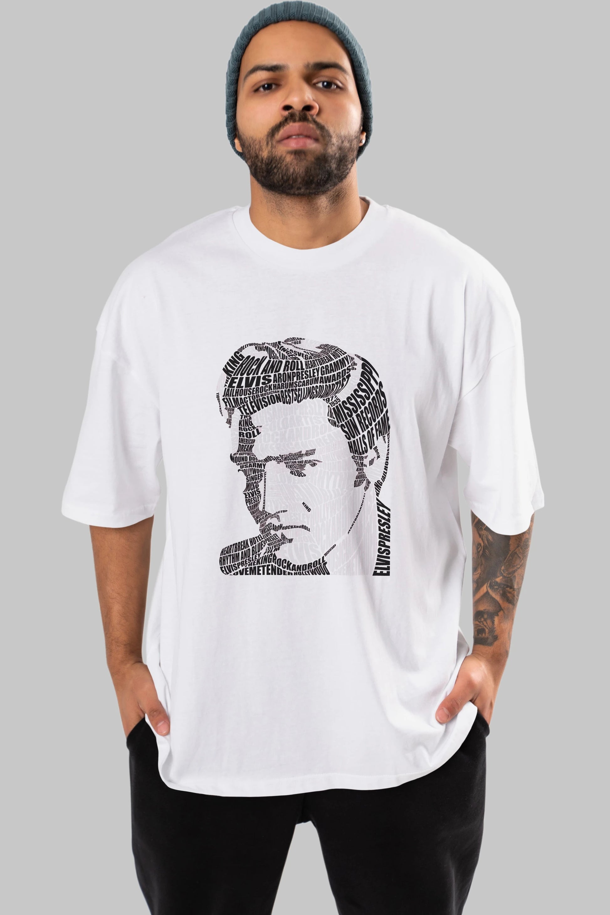 Elvis Presley Calligram Ön Baskılı Oversize t-shirt %100 pamuk Erkek Kadın Unisex
