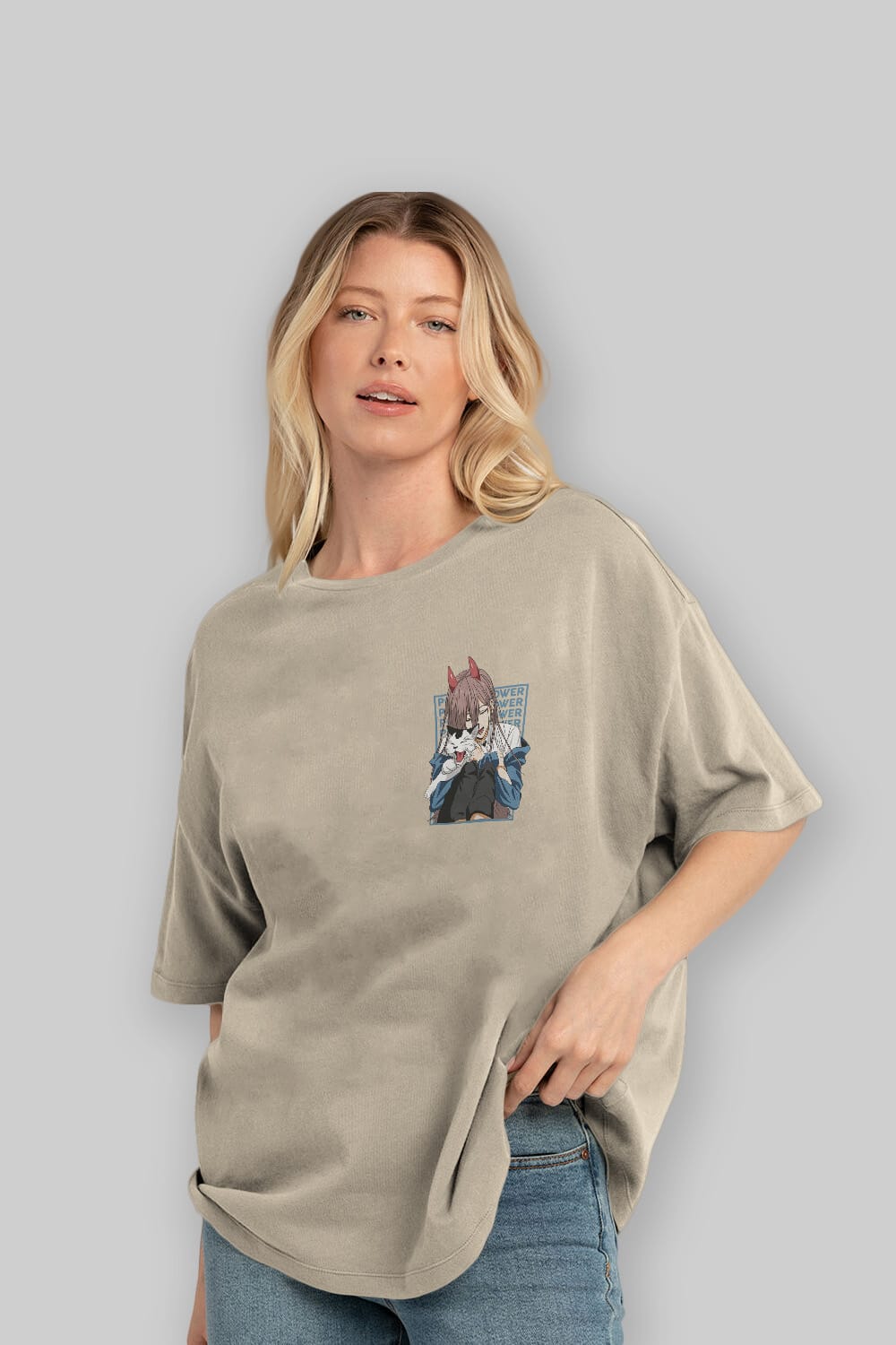 POWER CHAINSAWMAN Ön Sol Baskılı Oversize t-shirt Erkek Kadın Unisex %100 Pamuk Bisiklet Yaka tişort