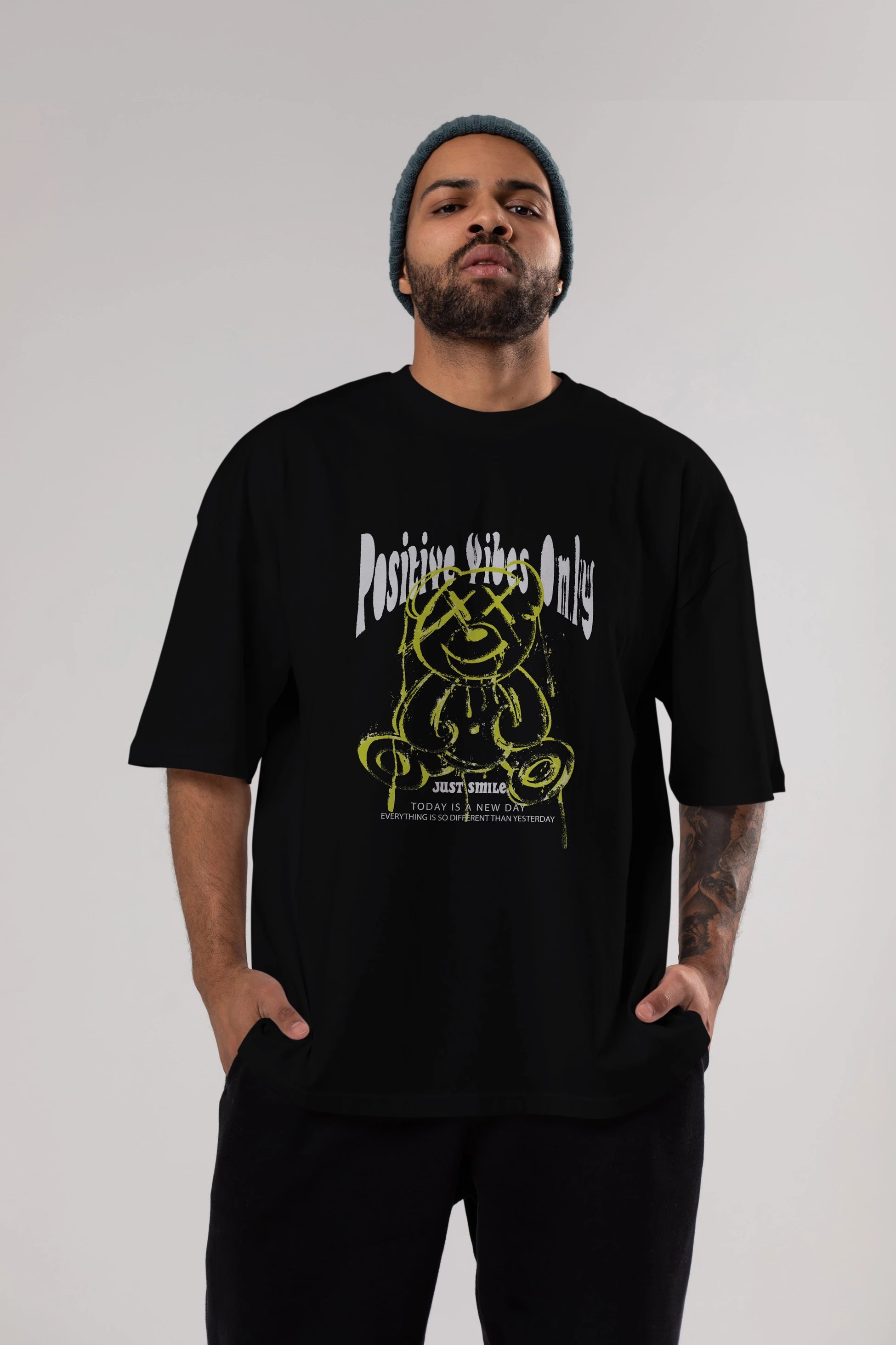 Positive Vibes Only Bear Ön Baskılı Oversize t-shirt Erkek Kadın Unisex